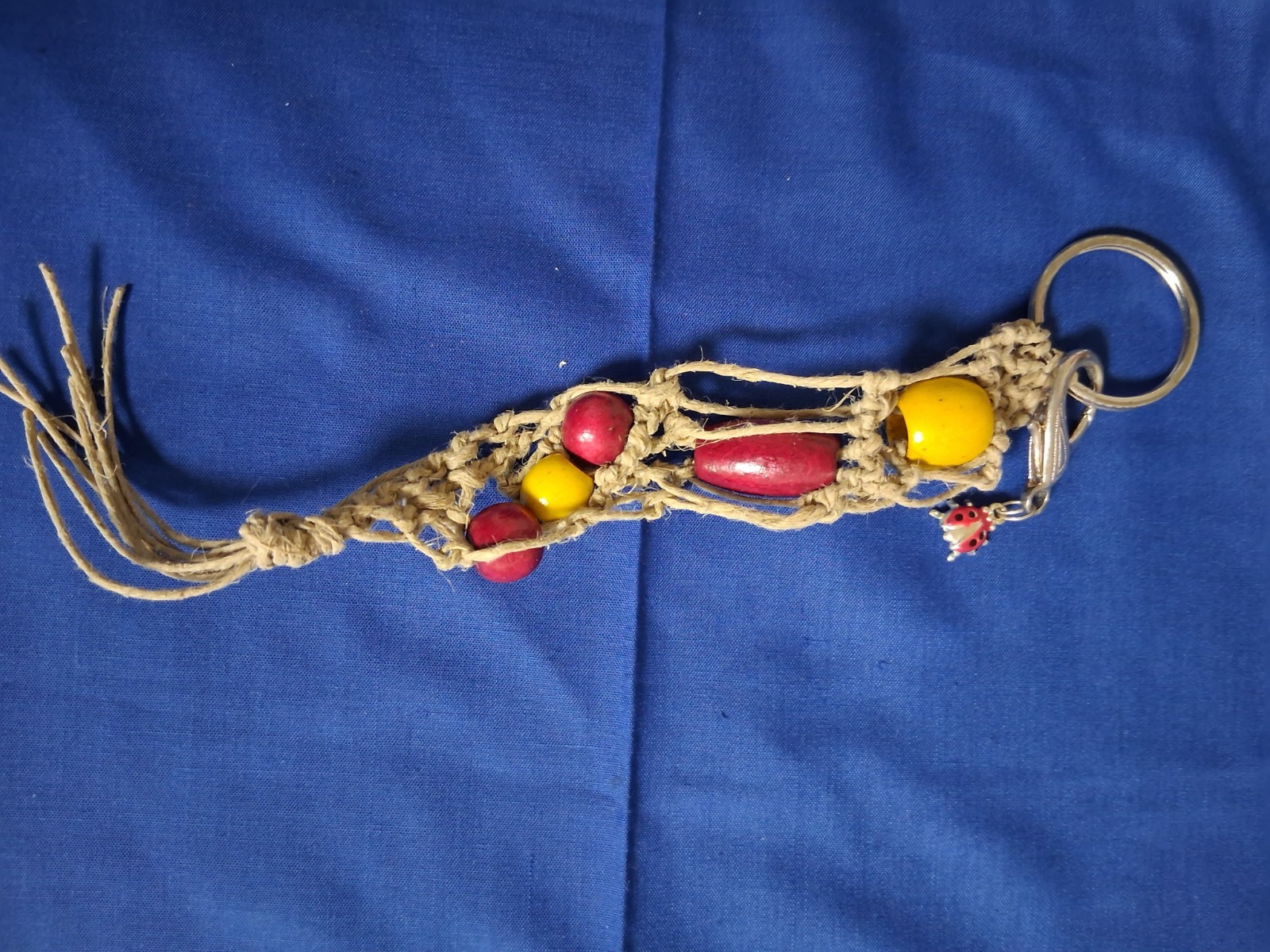 Key Chain, Vintage, Beaded, Macrame, Lady Bug Charm