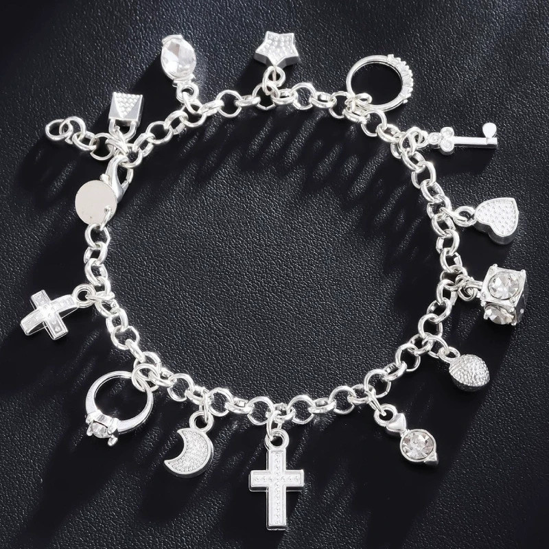 Boho Shining CZ Multiple Dangle Charm Silver Plated Alloy Chain Bracelet