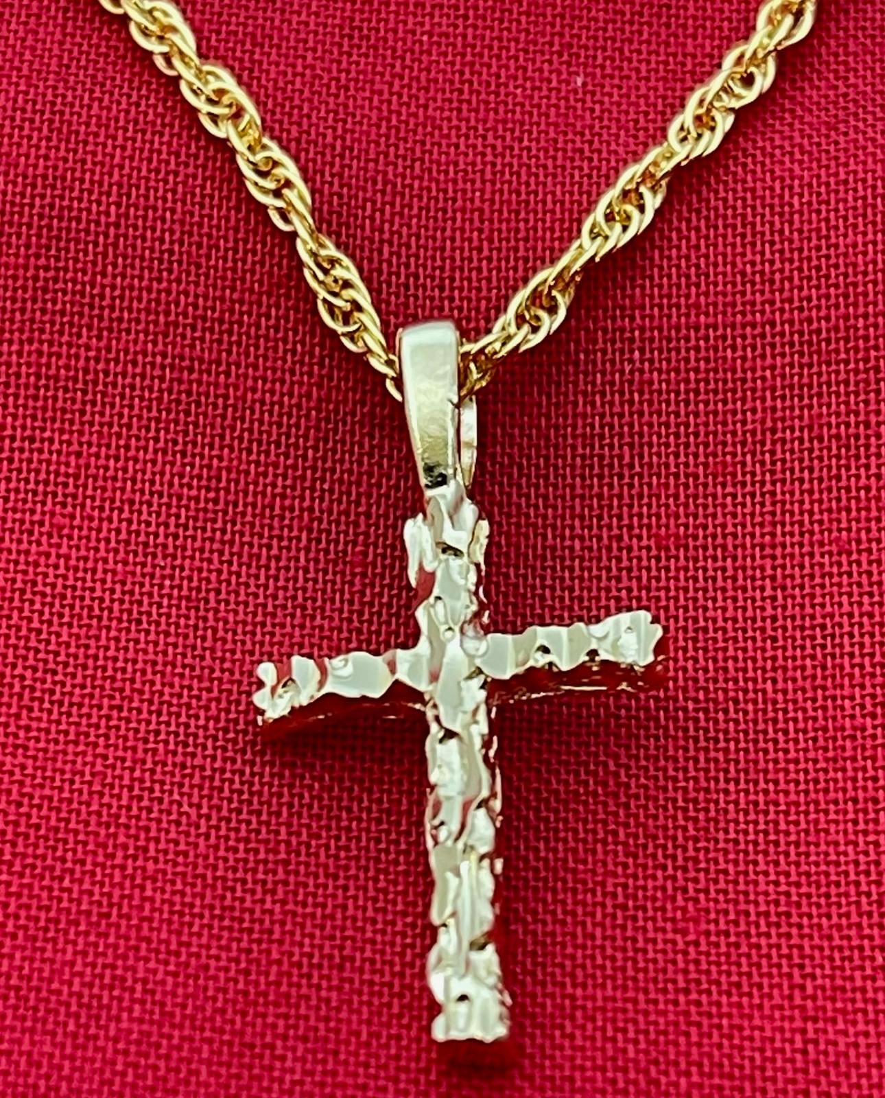 14 KT GOLD EP NUGGET CROSS CHARM & 16″,18″, 20″, 24″,-30″ ROPE CHAIN – 2058