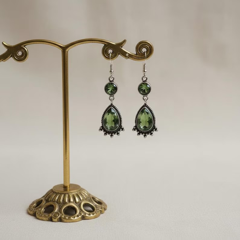 Handmade Peridot Dangle Earrings Antique Silver Teardrop Gemstone Jewelry
