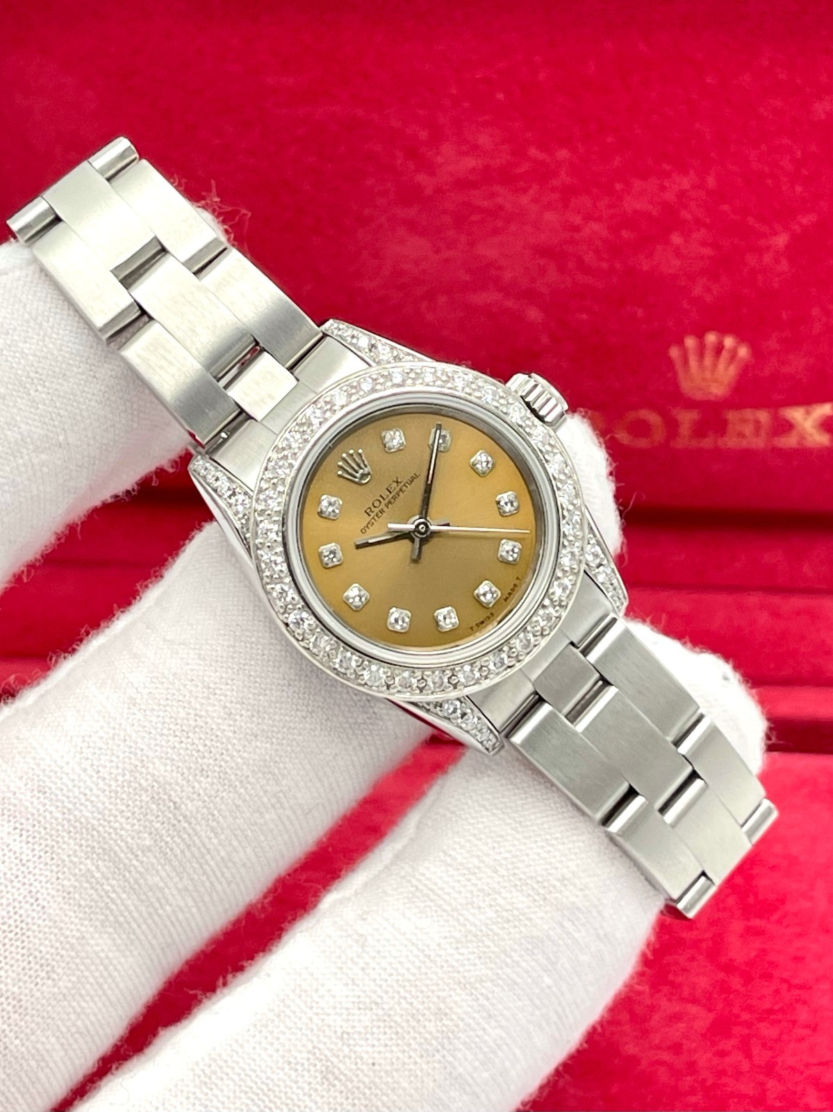 Rolex Oyster Perpetual 67180 24mm Salmon Dial Diamond Bezel Diamond Lugs Box