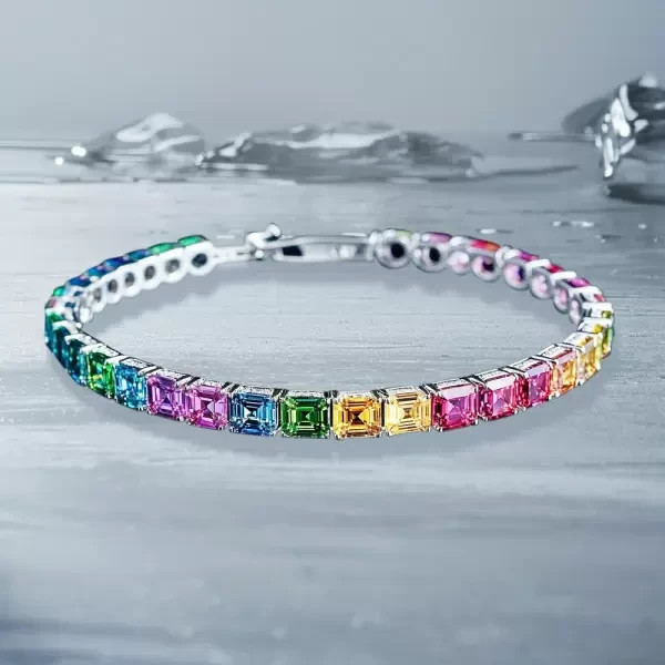 15Ct Asscher Cut Paved Lab Created Rainbow Womens Bracelet 14K White Gold Plated