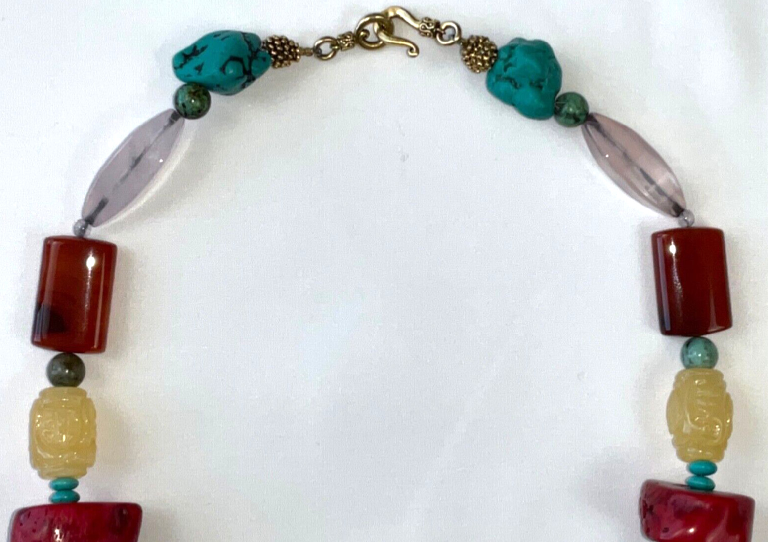Beautiful Buddha Carved Bead Artisan STATEMENT NECKLACE Coral Turquoise Amber