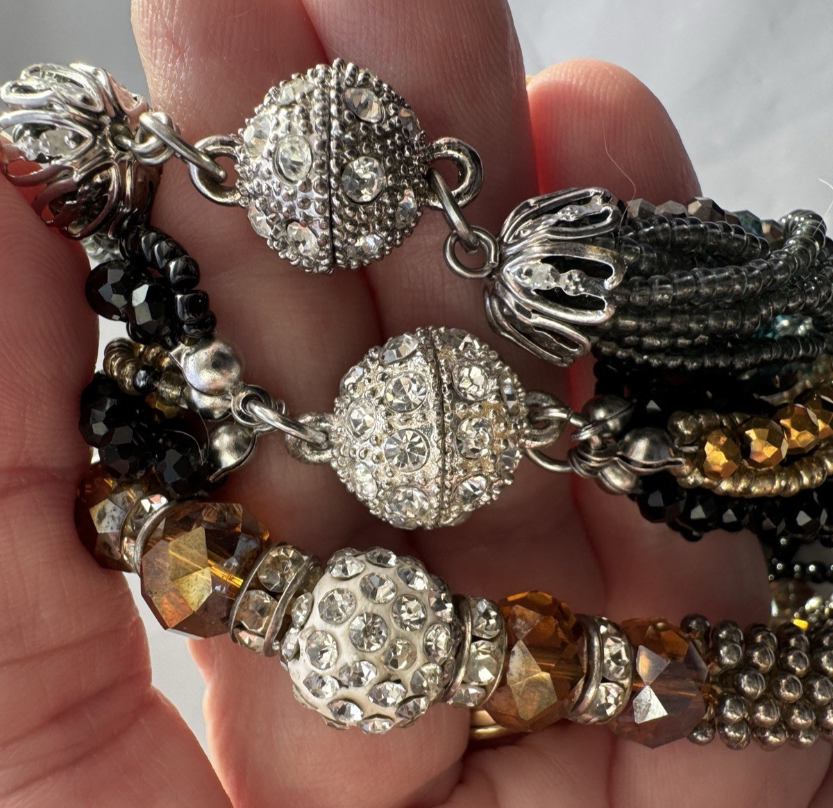 Set of 3 Beaded Bracelets Magnetic Rhinestone Clasp Multi-Strand Black Gold