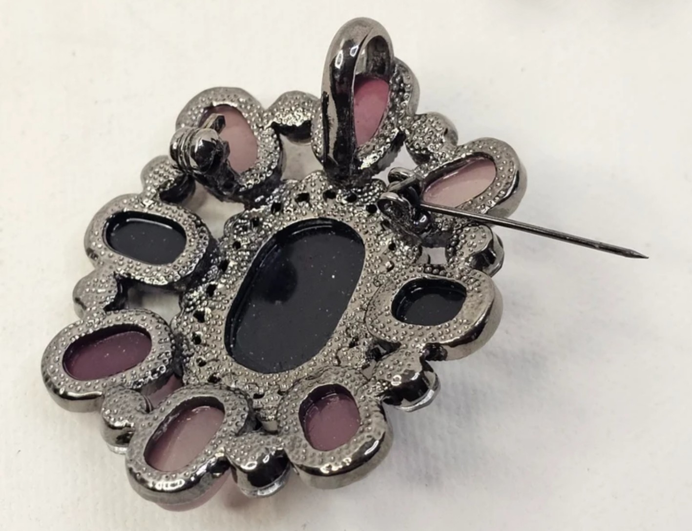 Vintage Silver Tone Purple Rhinestone Open Back Brooch Unmarked Pendant Pin