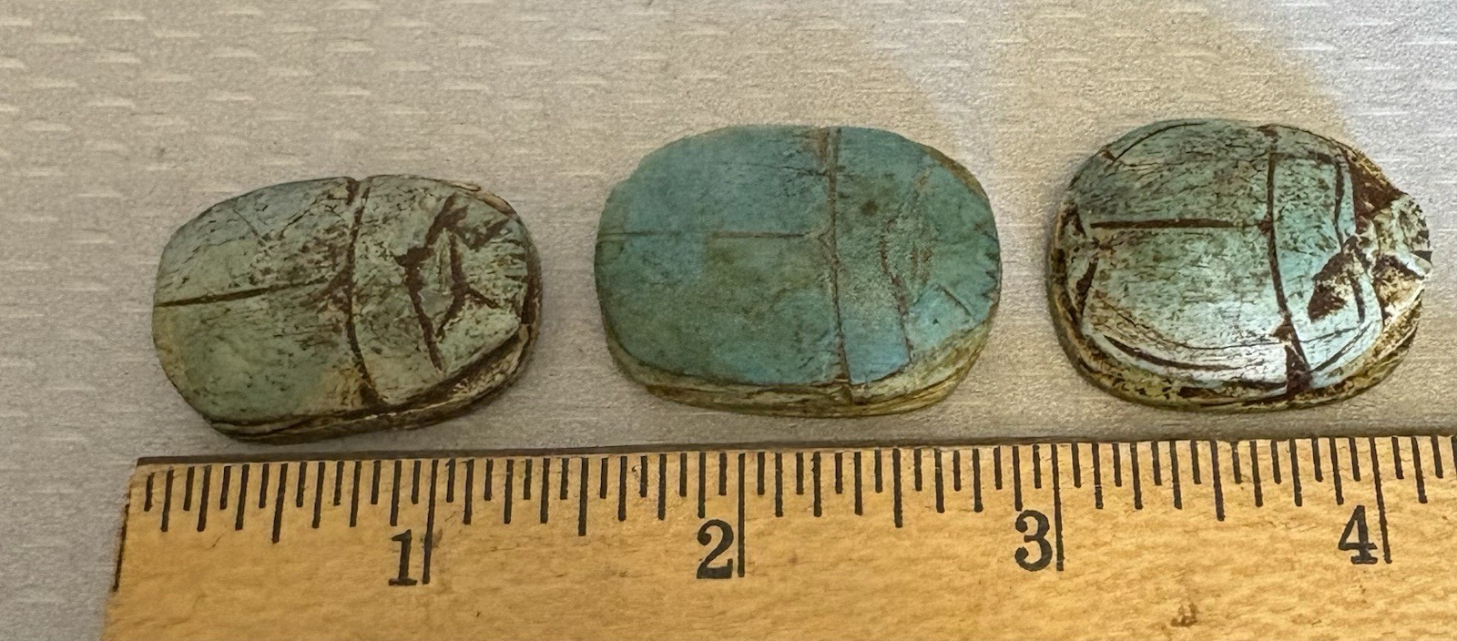 Ancient Egyptian Carved Scarab Amulet Beads Turquoise Stone 1” Lot of 3
