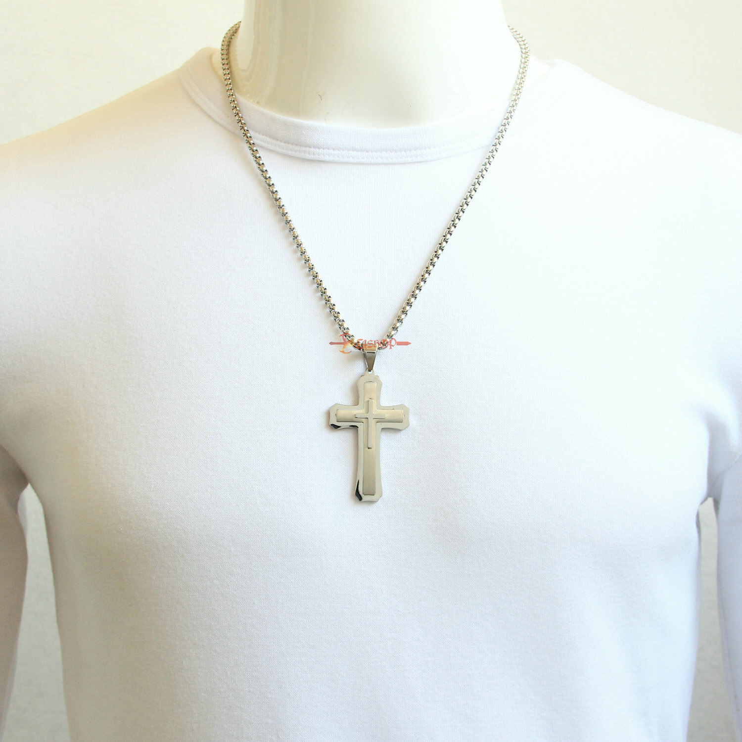 Heavy & Big Mens 3 Layer Stainless Steel Christian Cross Pendant Necklace Silver