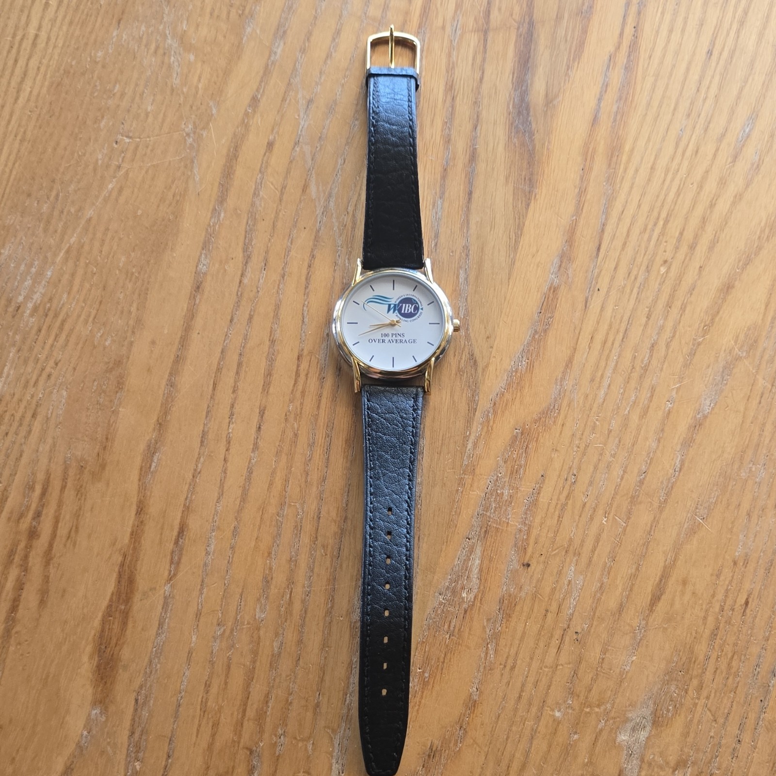 WIBC 100 Pins Over Average Bowling Quartz Analog Gold Tone Black Leather