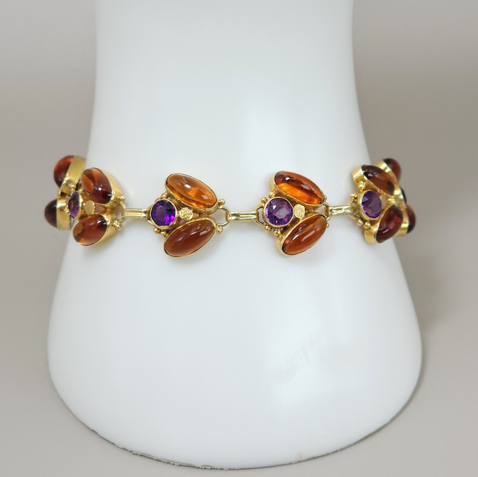 Antique 14k Yellow Gold Natural Amethyst & Amber Handmade Bracelet Leaf 7″ 15g