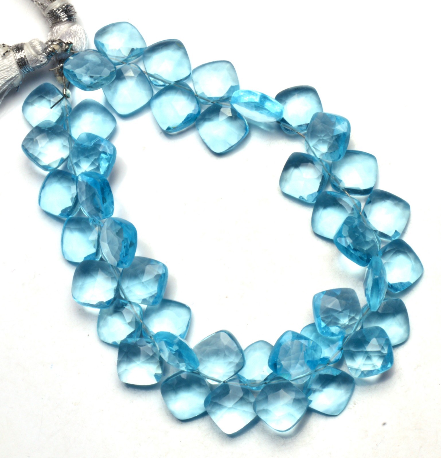 Blue Topaz Gem Color Quartz 8MM Approx. Faceted Cushion Shape Beads 8″ Strand