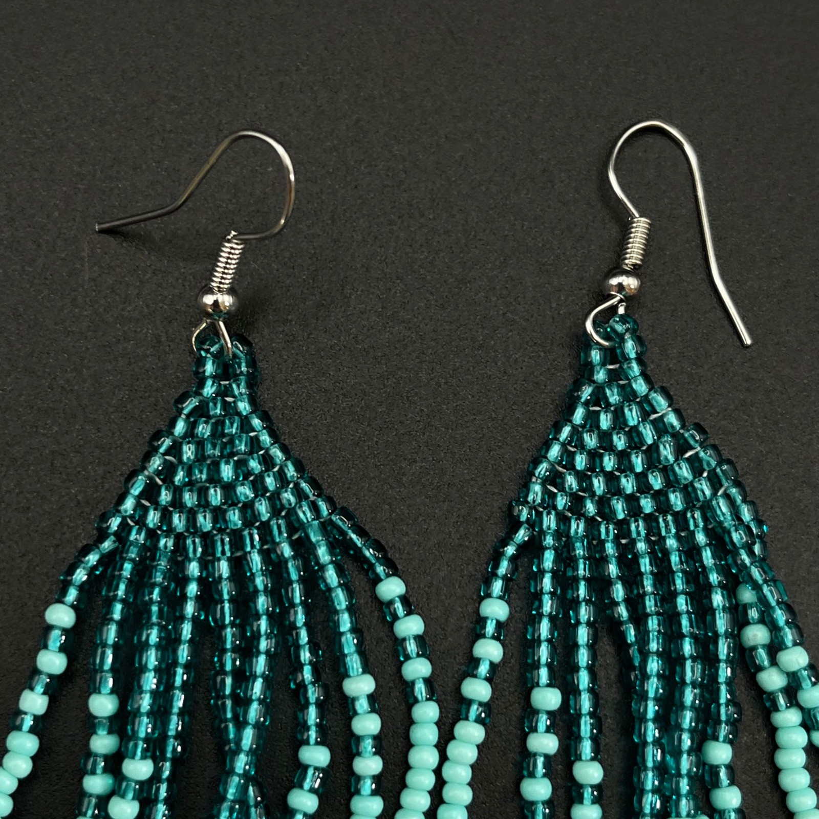 Vintage Beaded Fringe Dangle Earrings Teal Ombre Boho Statement Drop 4″ Western