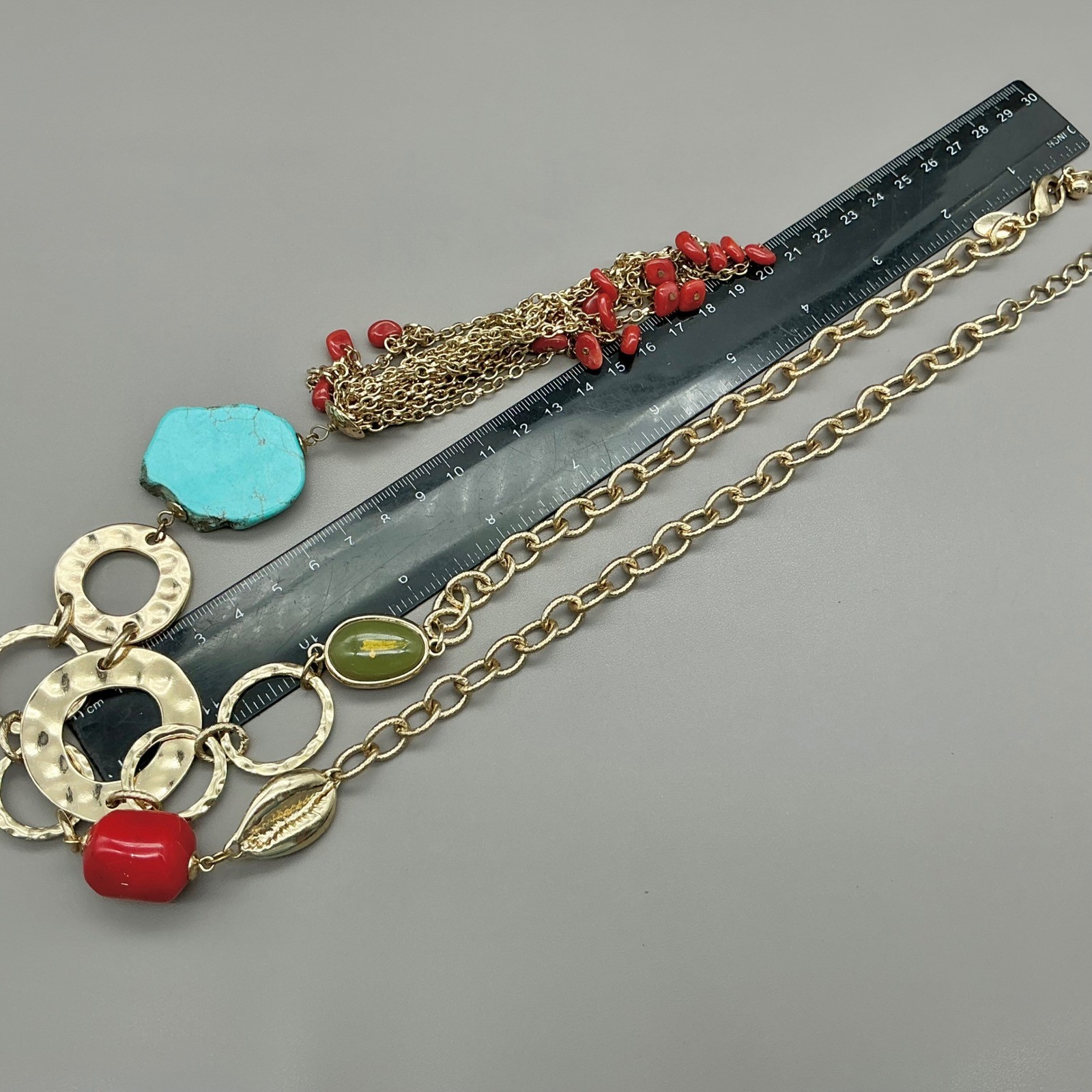 Chico’s Necklace Womens Gold Tone Turquoise Red Green Tassel Statement 22-26 In
