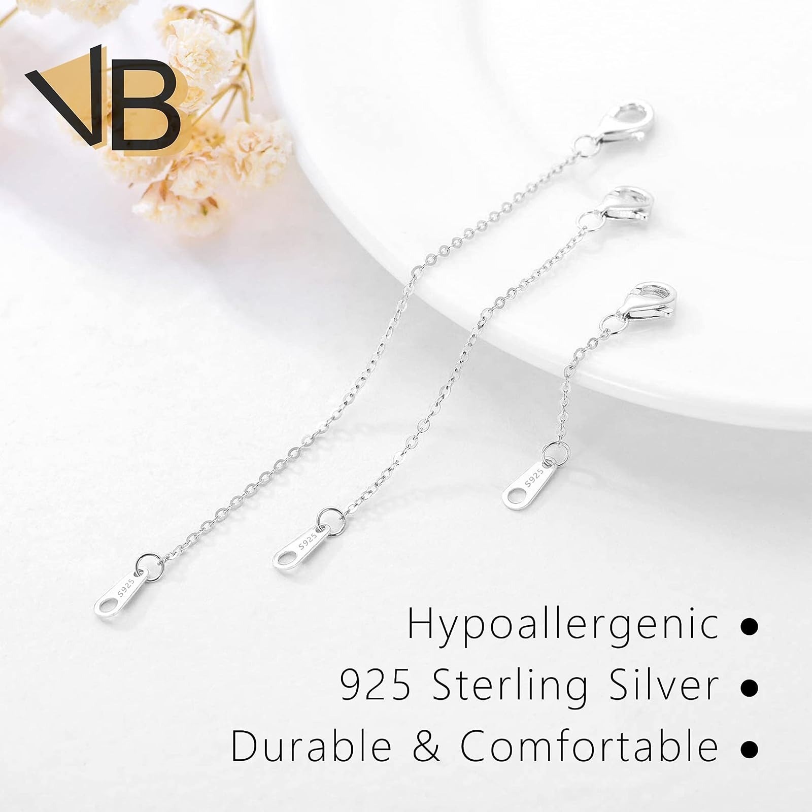 Sterling Silver Necklace Extenders 3 Piece Set for Women