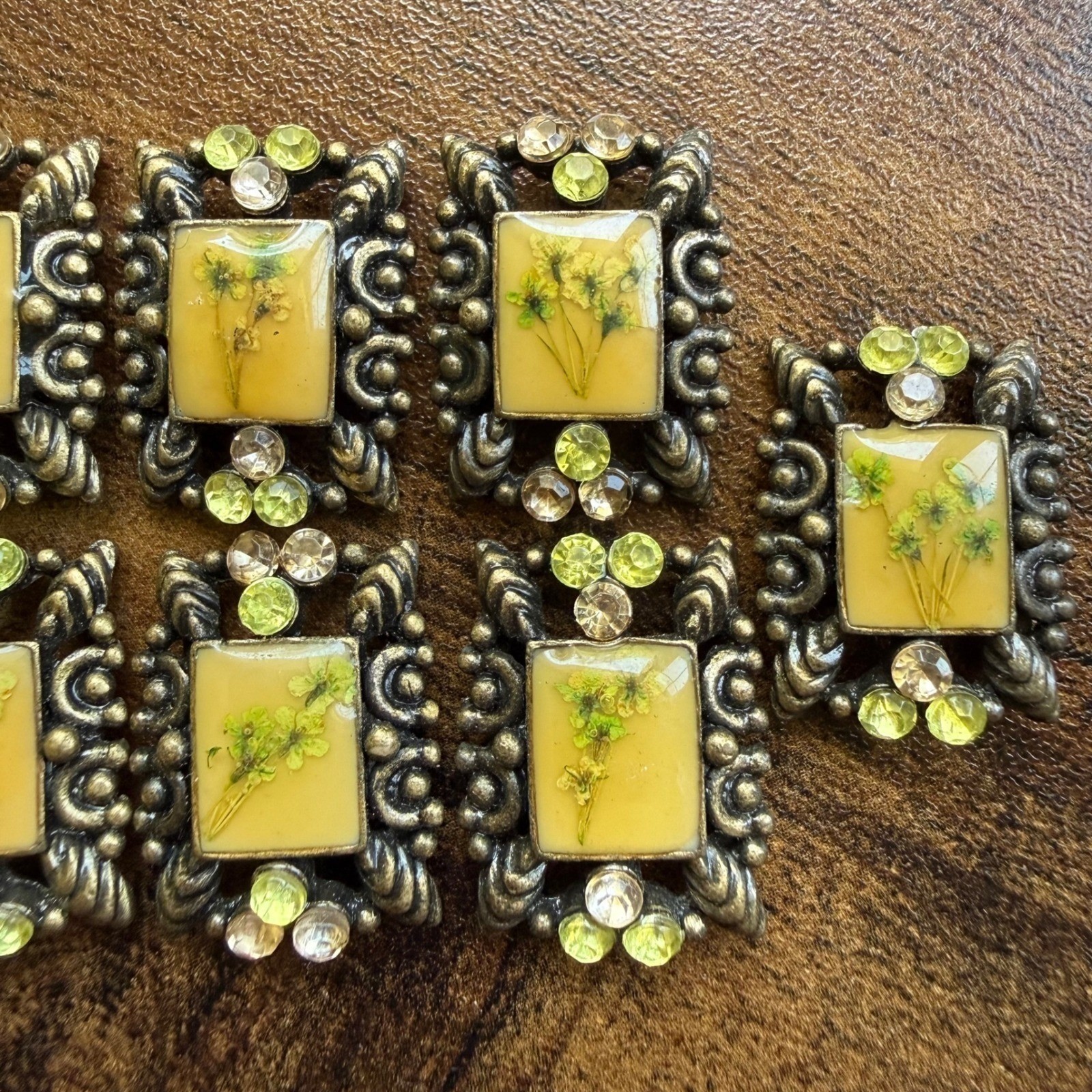 Lot 9 Vintage Ribbon Slide Brooches Dried Pressed Flower Resin Rhinestone