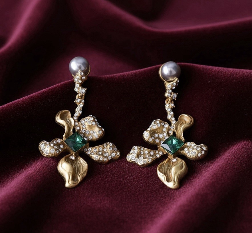 Museum Earrings Antique Gold Medieval Pearl Flower Art Deco Boho VTG Statement
