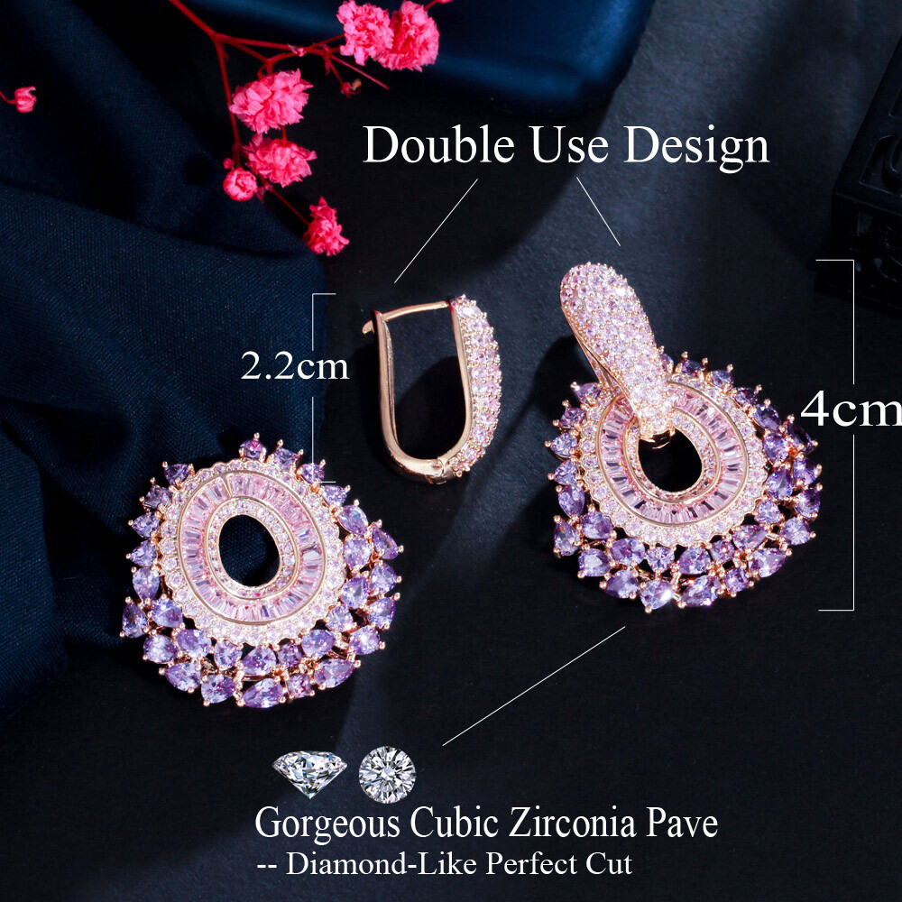 Dainty Double Use Round CZ Big Purple Drop Cluster Dangle Earrings Gold Jewelry