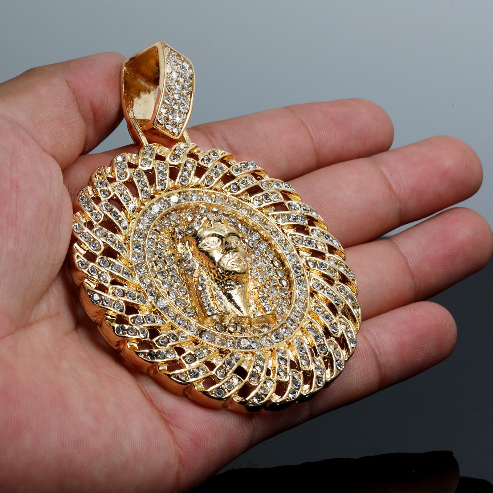 Round Cuban Jesus Face Cubic Zirconia Fully Iced Pendant 10mm Chain Gold Plated