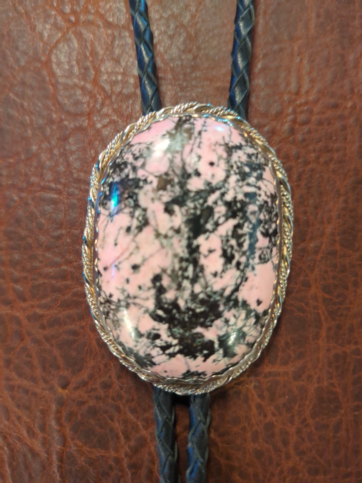 bolo tie silver handmade rhodonite