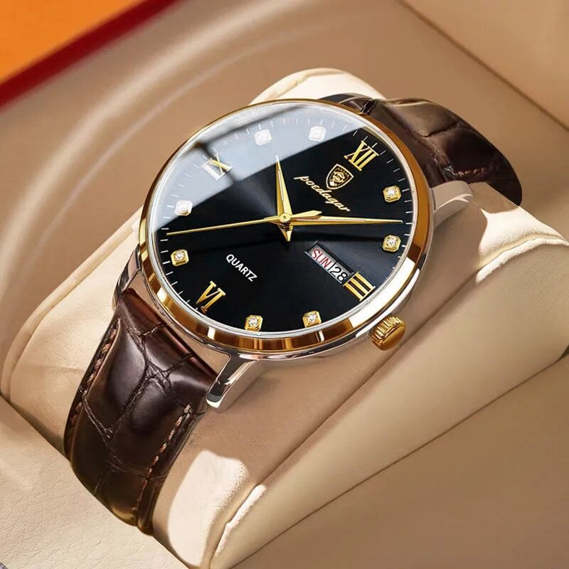 Leather Men’s Watch Luxury Watch Men Waterproof Watches Quartz Wristwatches +BOX