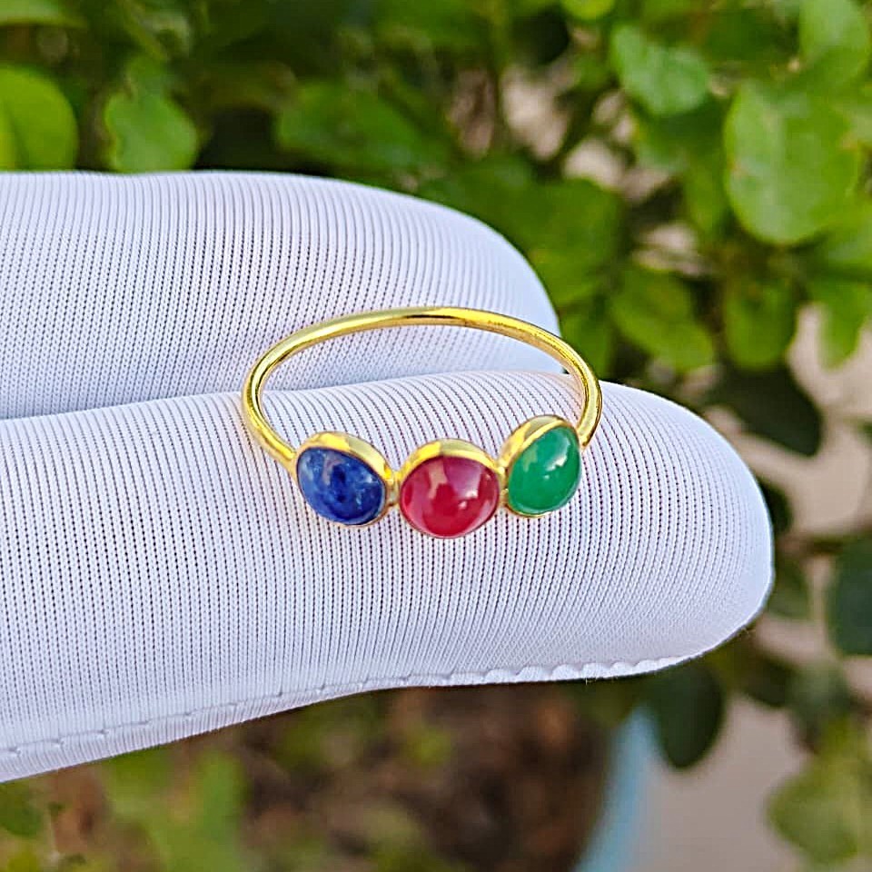 Blue Sapphire, Ruby, Emerald Gemstone Handmade 925 Solid Silver Gold Plated Ring