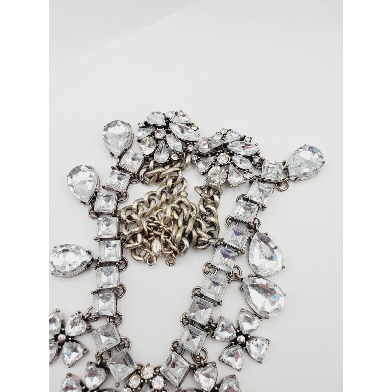 Statement silver tone Rhinestone flower square tear drop pear Necklace 18″