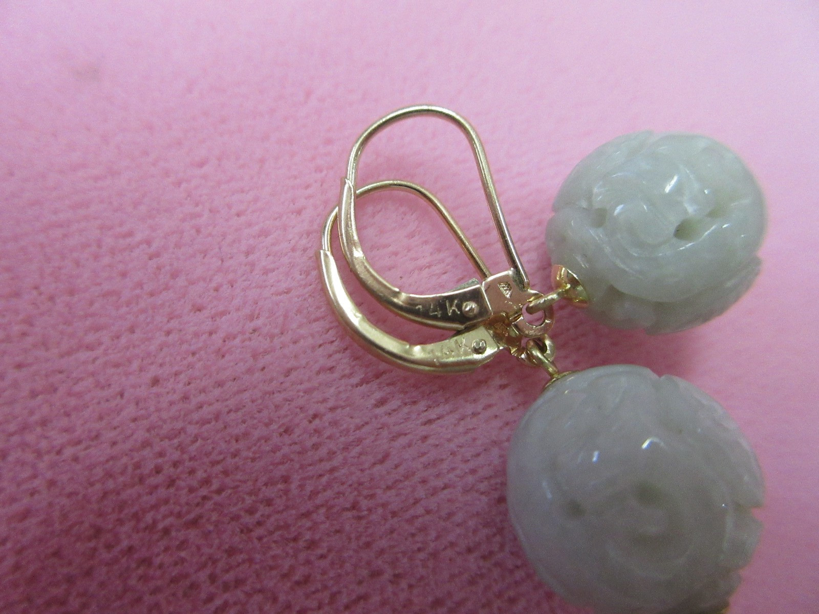 14k Solid Y. Gold Lever back Carved 11.7mm Jade Longevity Dangle Earrings 6.16 G