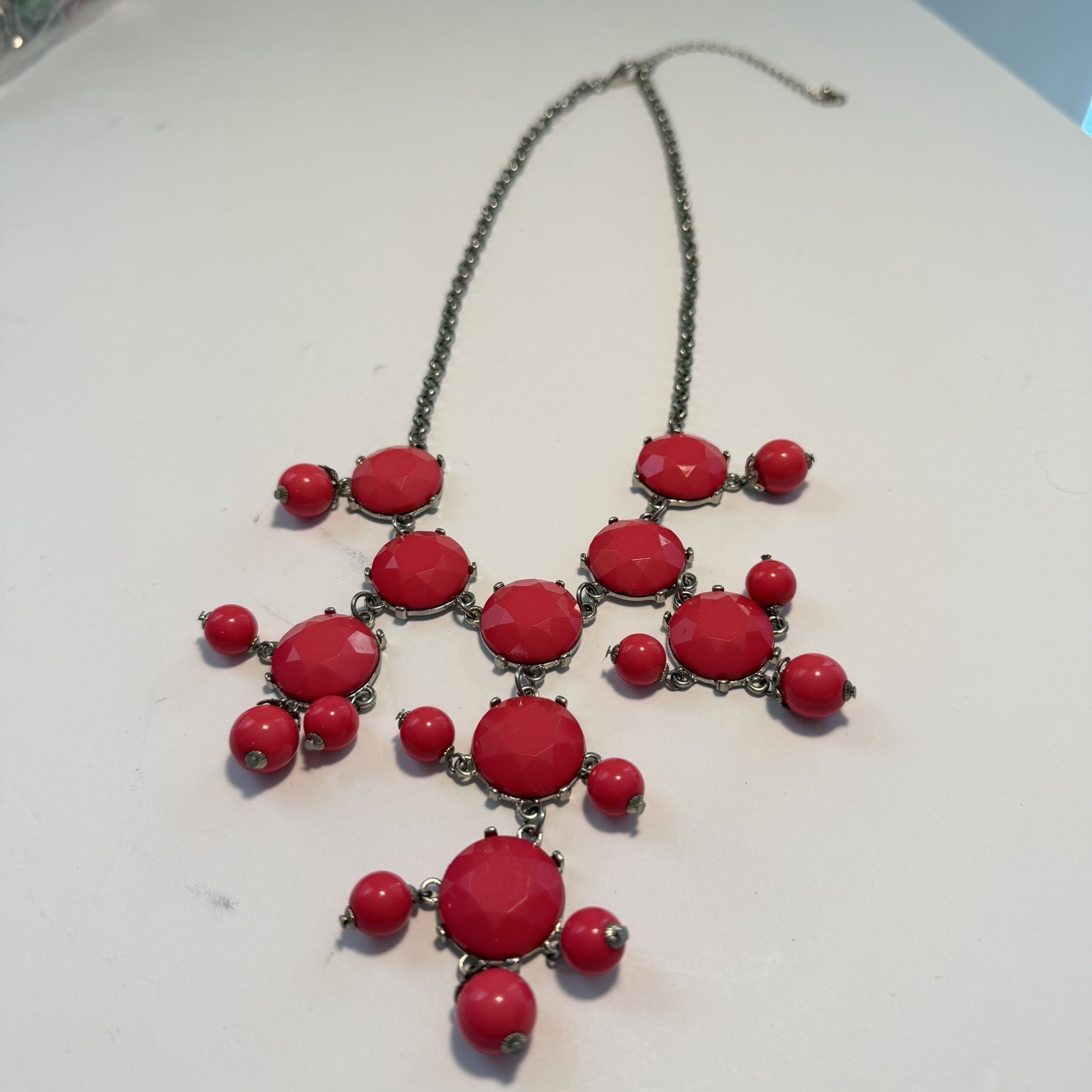 LOFT Hot Pink Bubble Bead Statement Necklace Silver Tone Chain Bib Cluster