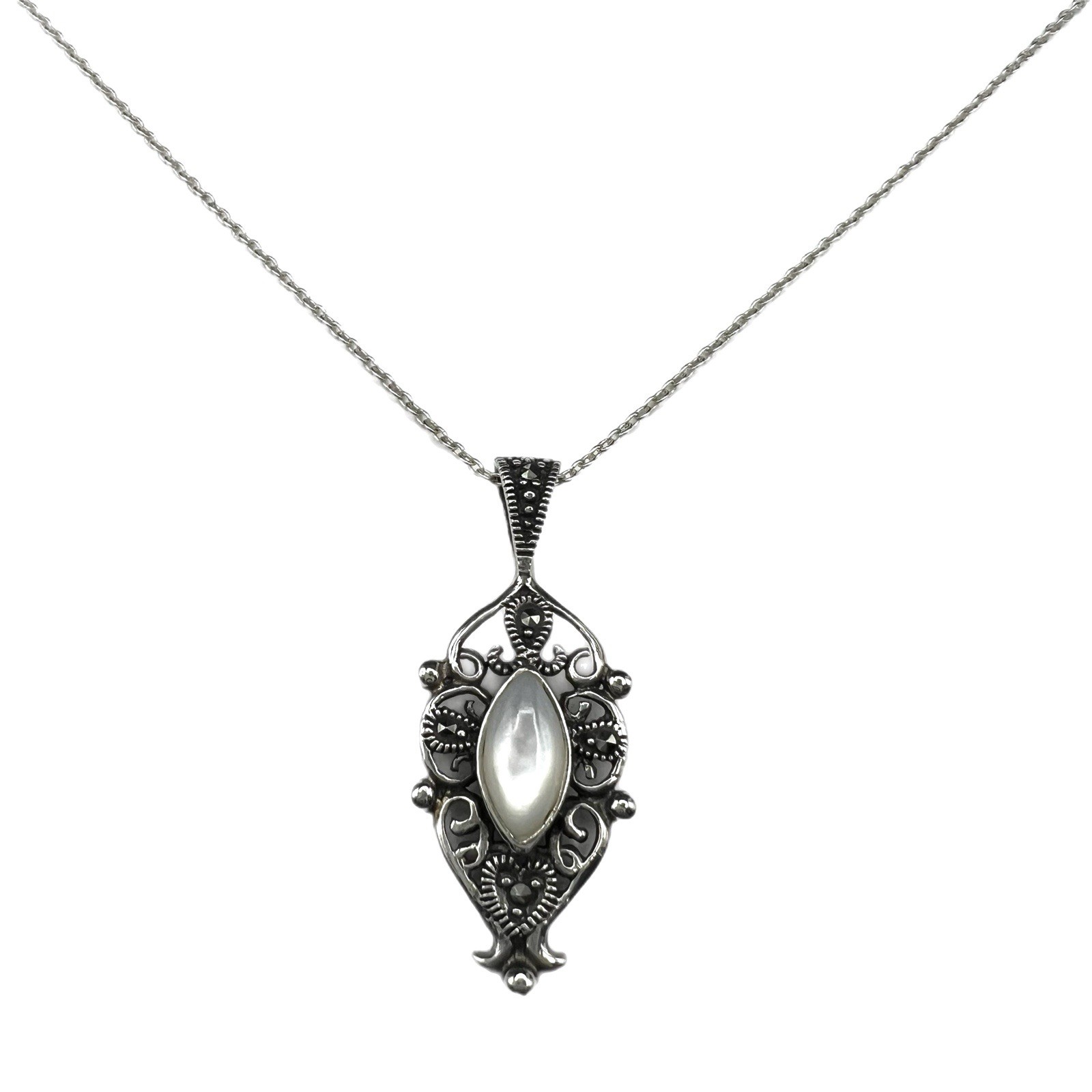 Mother of Pearl & Marcasite Filigree Pendant Necklace 925 Sterling Silver Chain