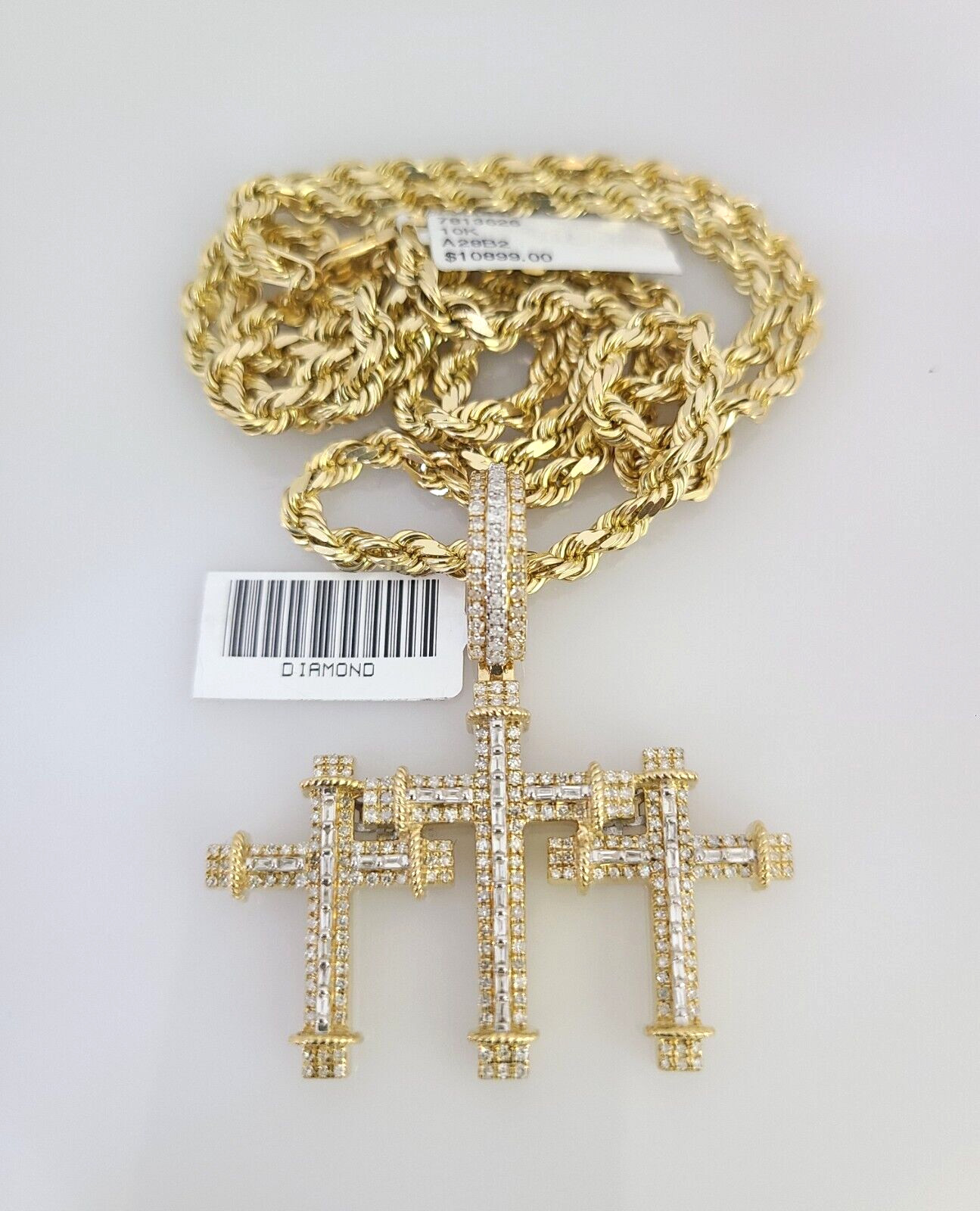 10k Solid Rope Chain Triple Cross Charm Diamond Set 4mm 20″-28″ Necklace Gold