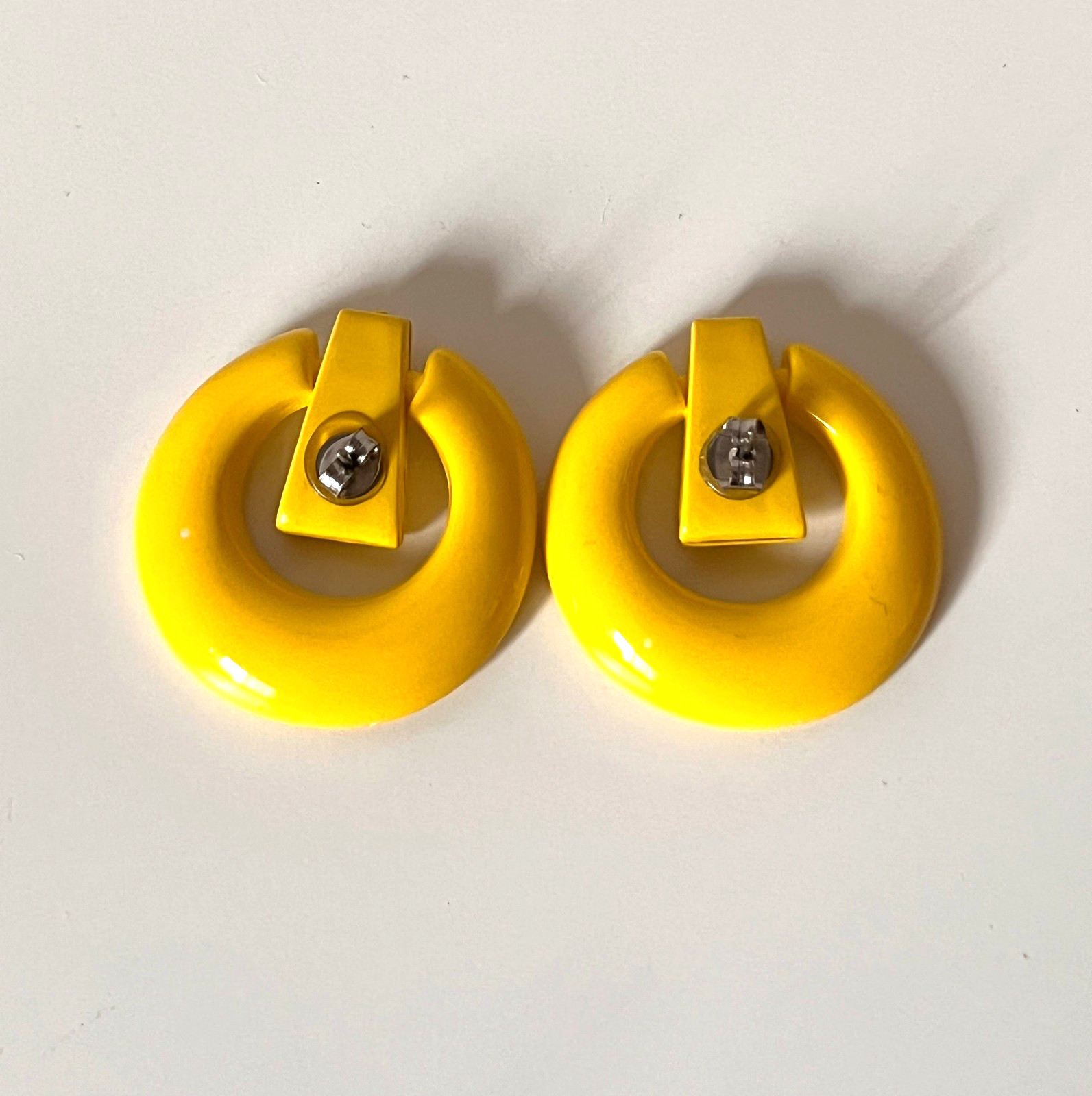 Vintage Bright Mustard Yellow Door Knocker Pierced Earrings