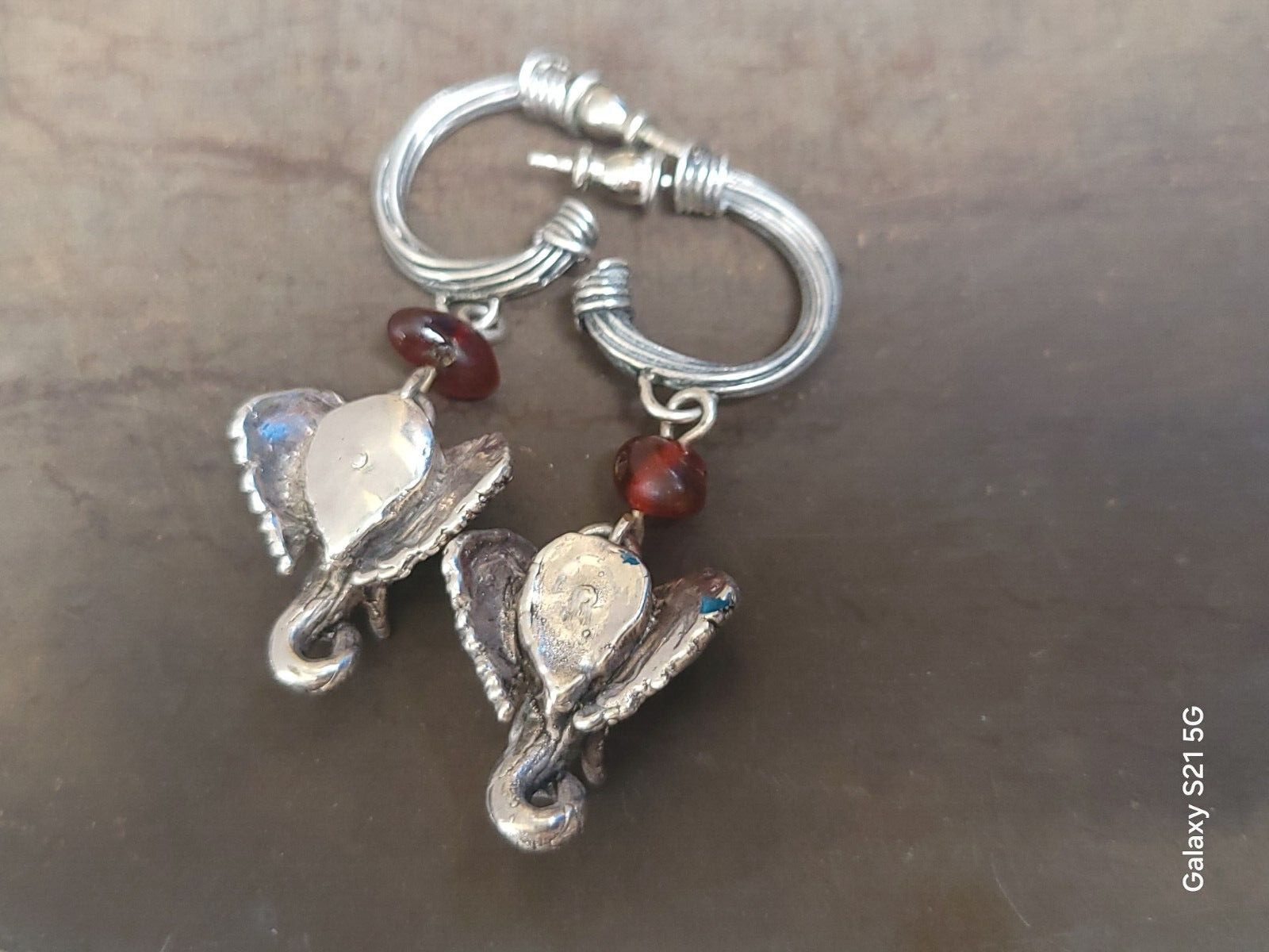 Susan Cummings Elephant Earrings Dangle Sterling Silver & Amber 2″ Long 1990s