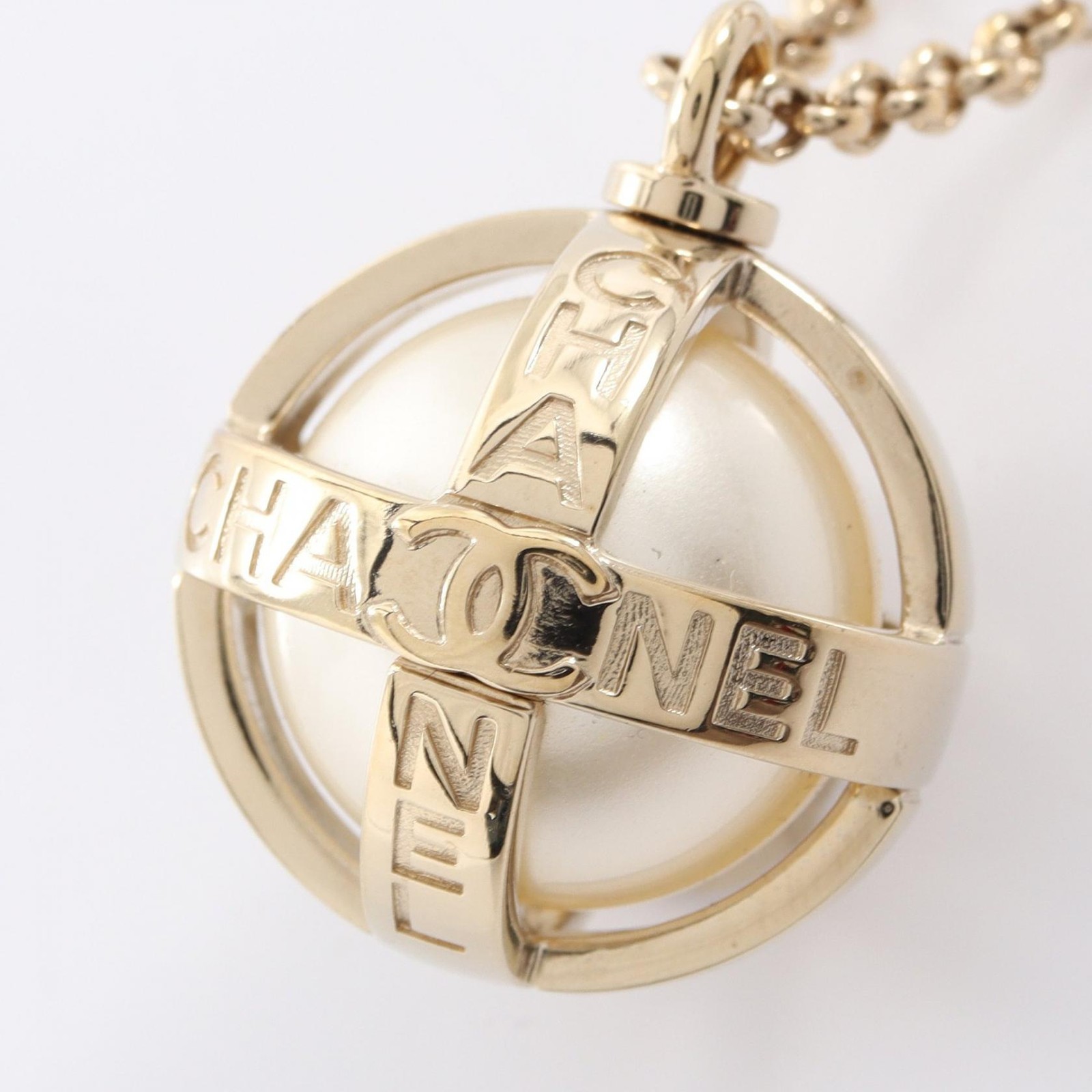 CHANEL COCO Mark logo Necklace Gold Plated Artificial pearl White Used Women CC
