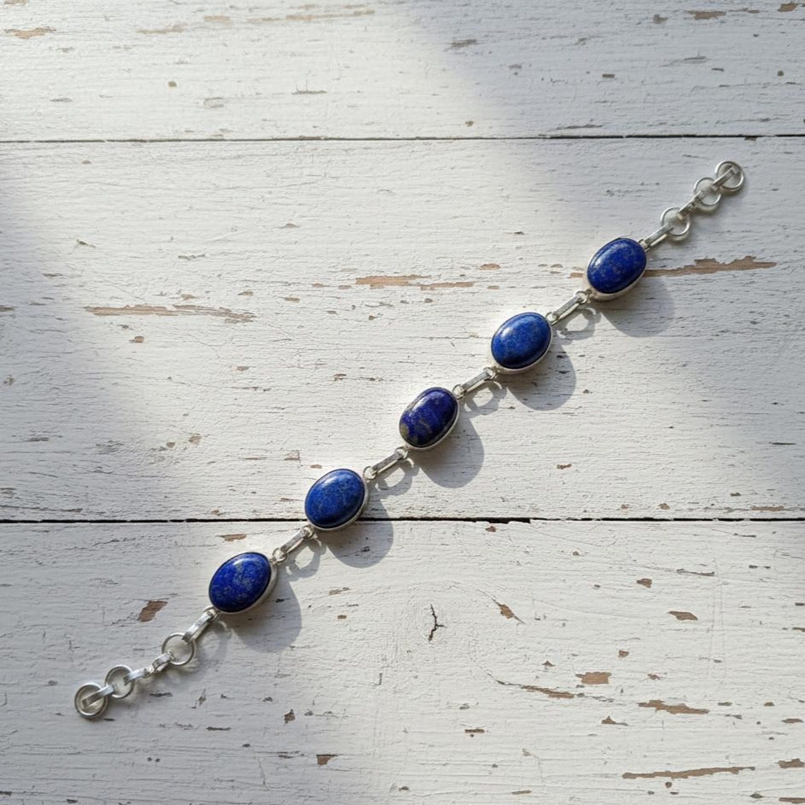 Natural Lapis Lazuli Bracelet Blue Oval Gemstone Adjustable Silver Tone 50-60 Ct