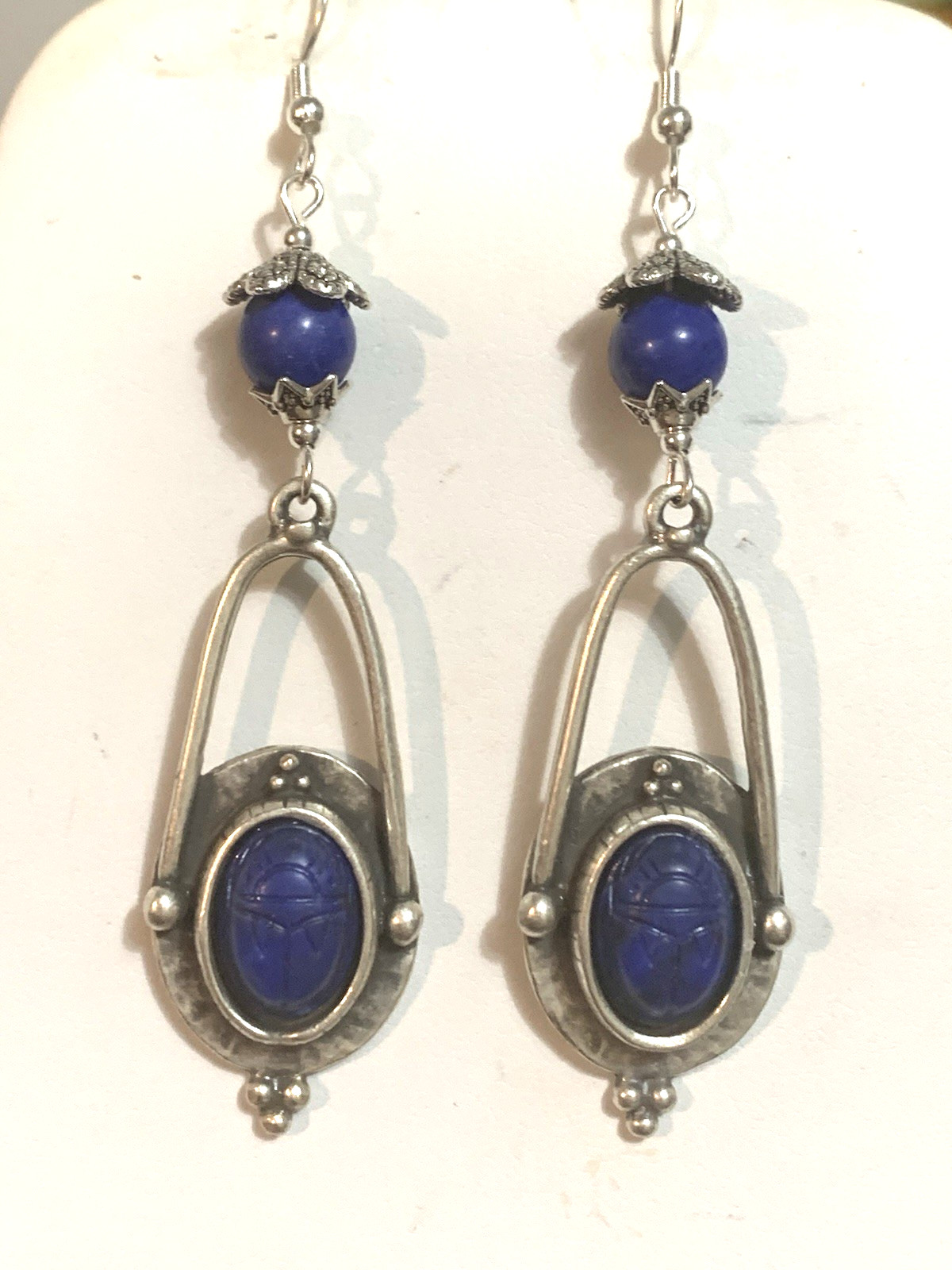 NEW ITEM* HANDCRAFTED EGYPT CARVED VTG. LAPIS SCARAB EARRINGS-NEW-.925 EAR WIRES
