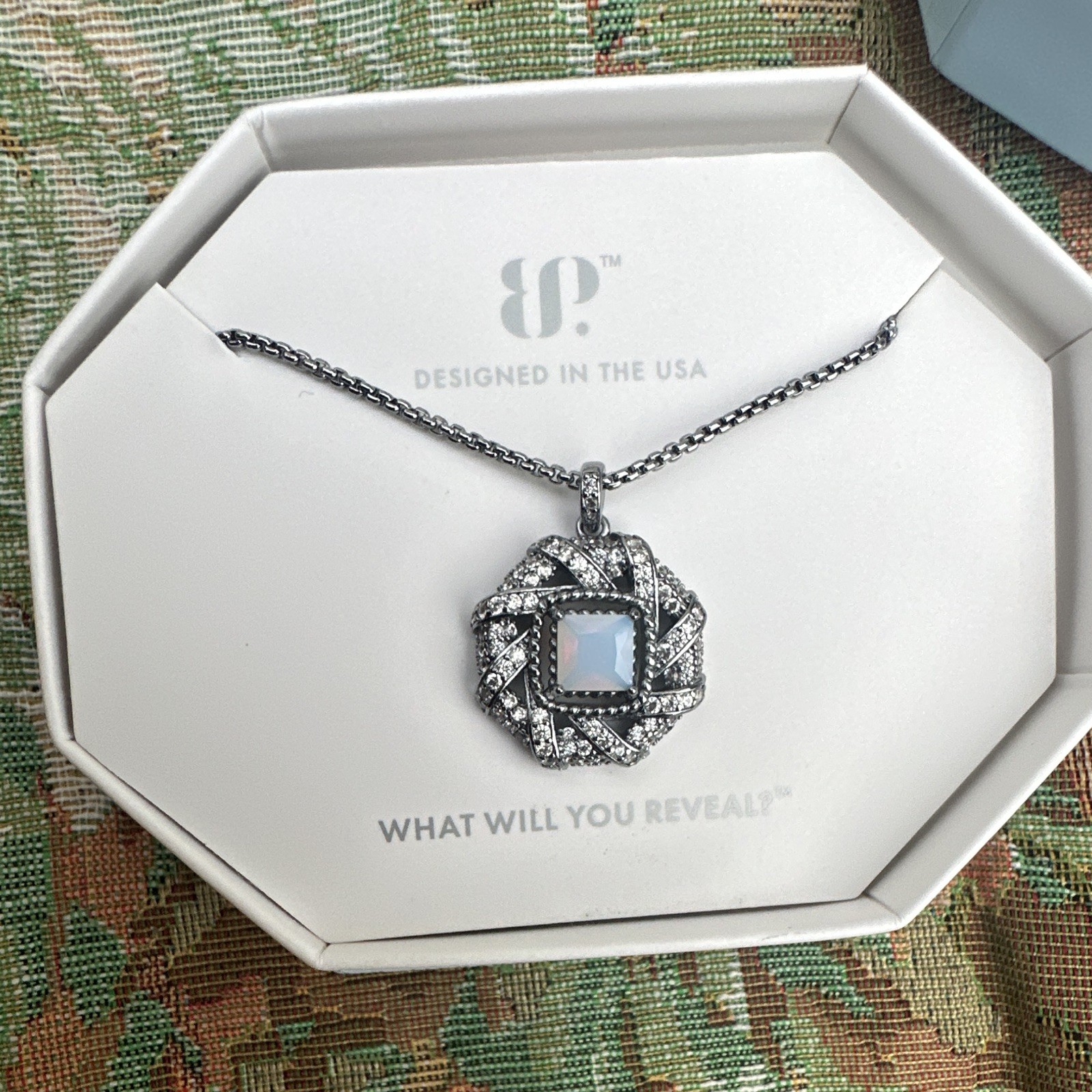 BP OG necklace “Center of Everything” Lab-Created Moonstone Hematite plated