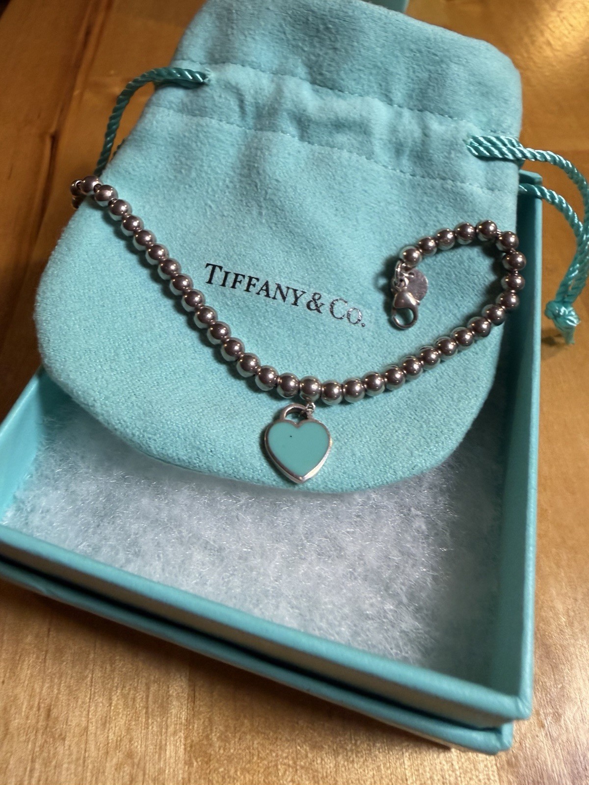 Tiffany & Co. 925 Sterling Silver Ball Bead Necklace Blue Enamel Heart Charm