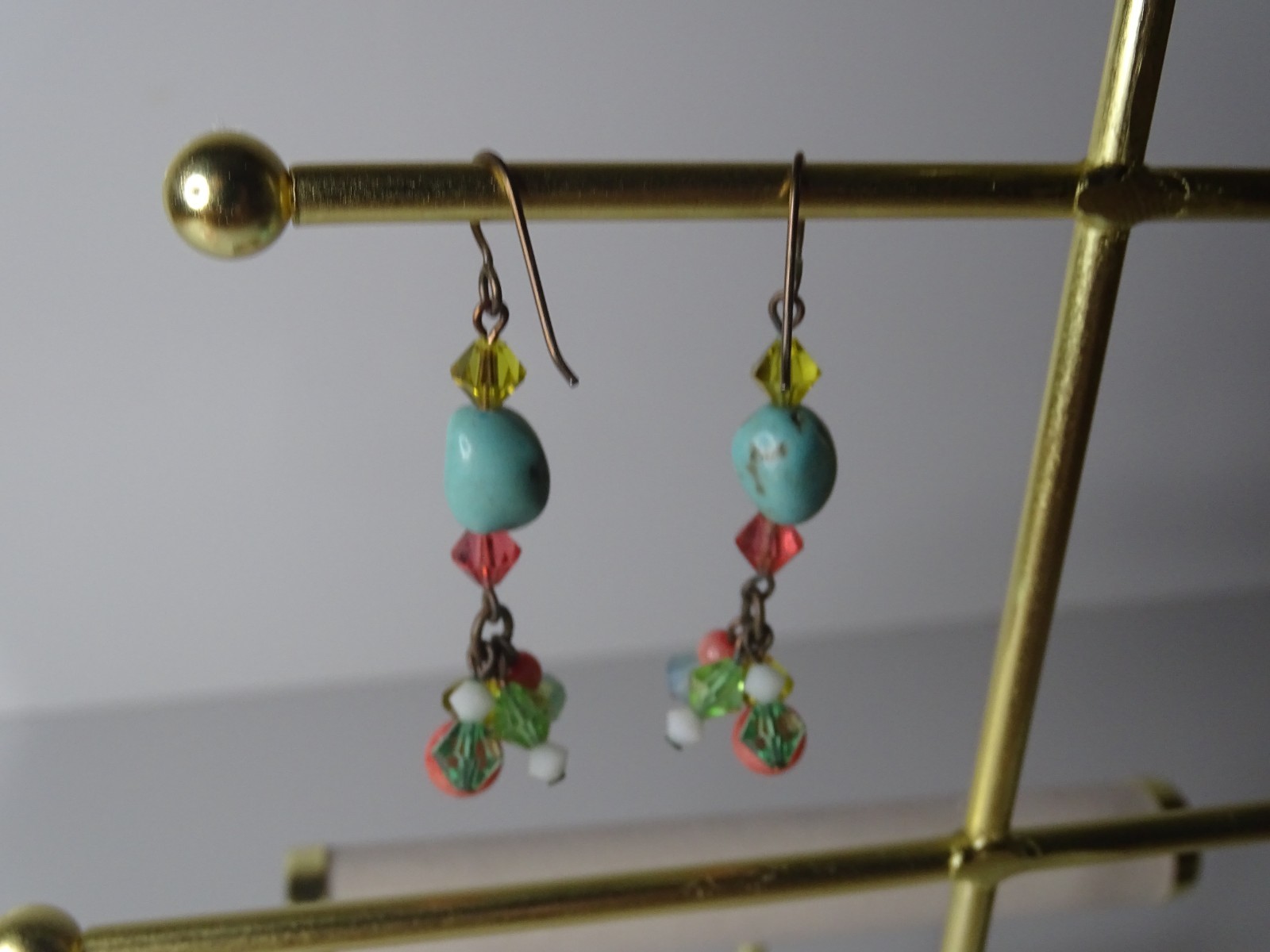 Vibrant Southwestern Turquoise & Red Coral Beaded Dangle Hook Earrings 7.83g