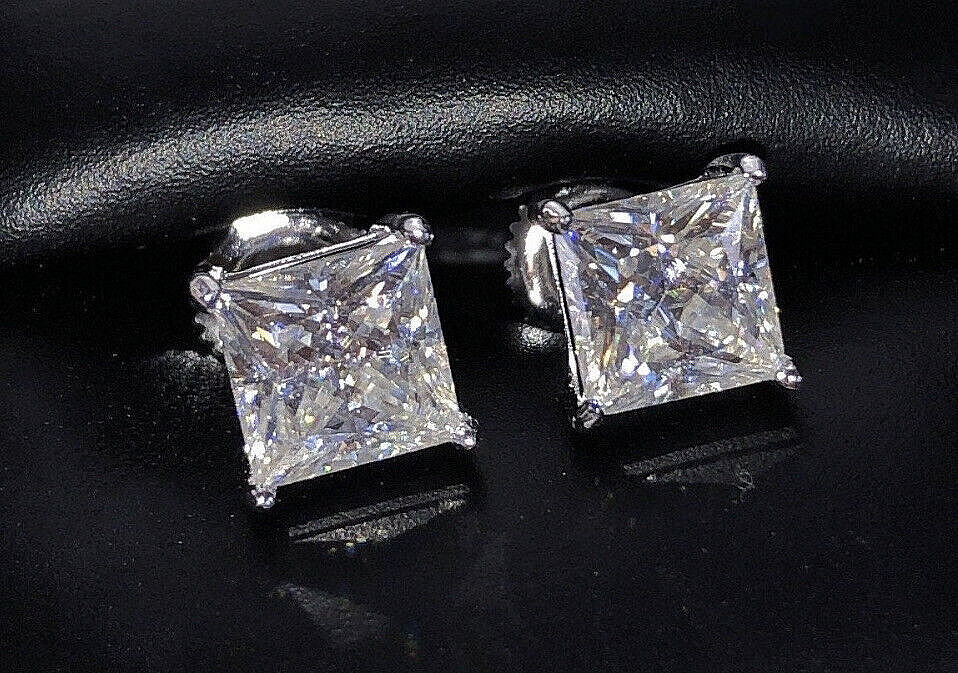3 Ct Princess Cut VVS1/D GRA Real Moissanite Stud Earrings 14k White Gold 6.5mm