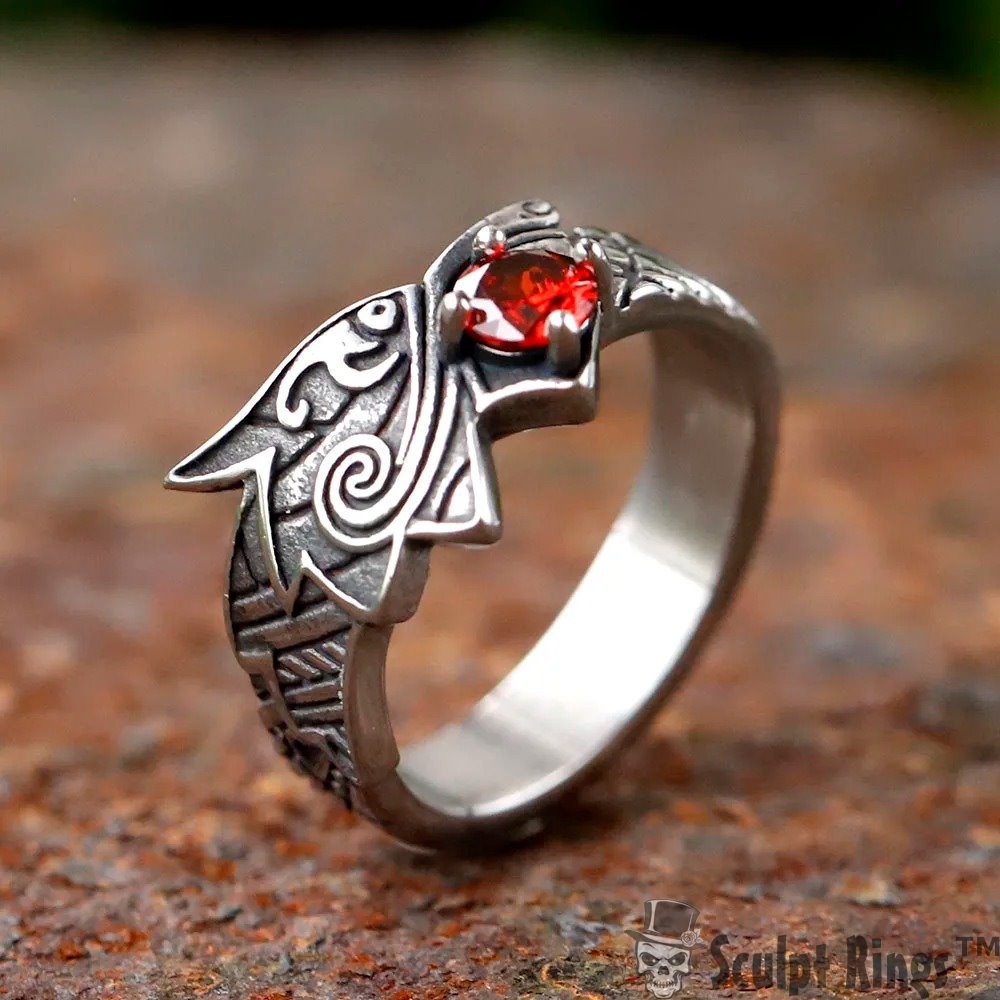Sculpt Rings™ Viking Wolf Ring Red Stone Nordic Jewelry Stainless Steel