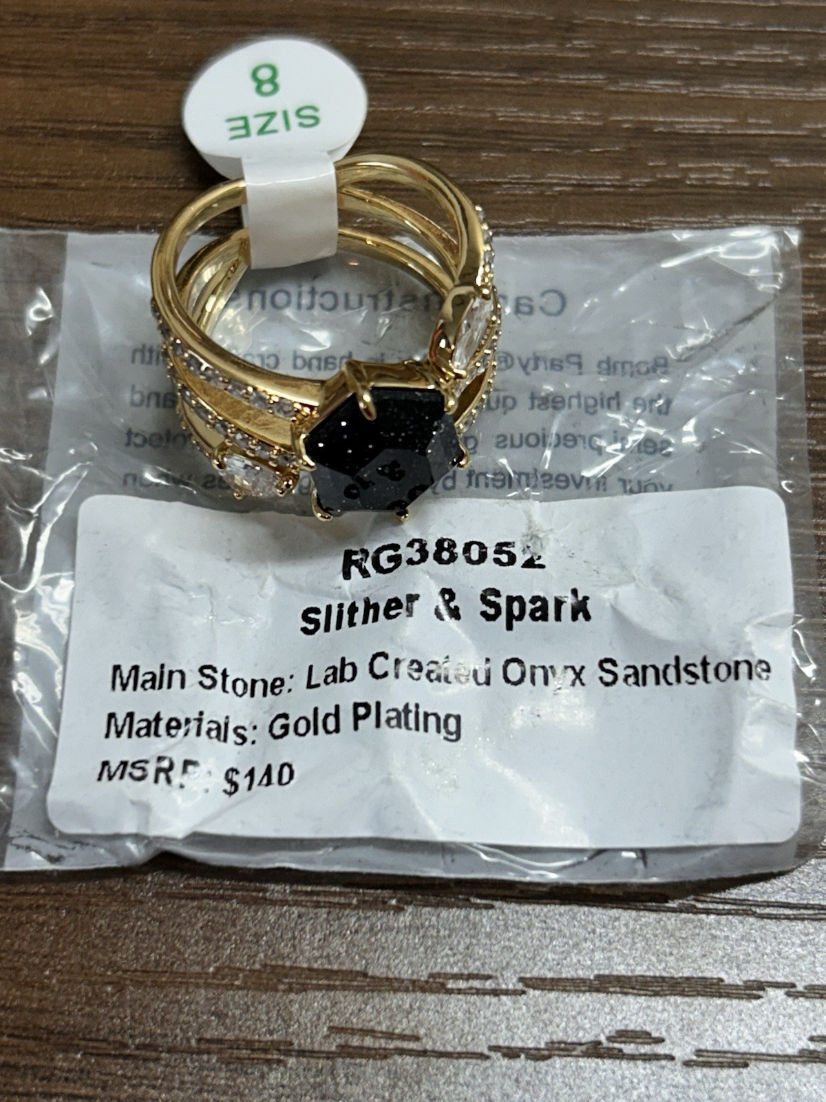 Bomb Party UNTAMED Ring Sz 8 “Slither & Spark” Onyx Sandstone on Gold