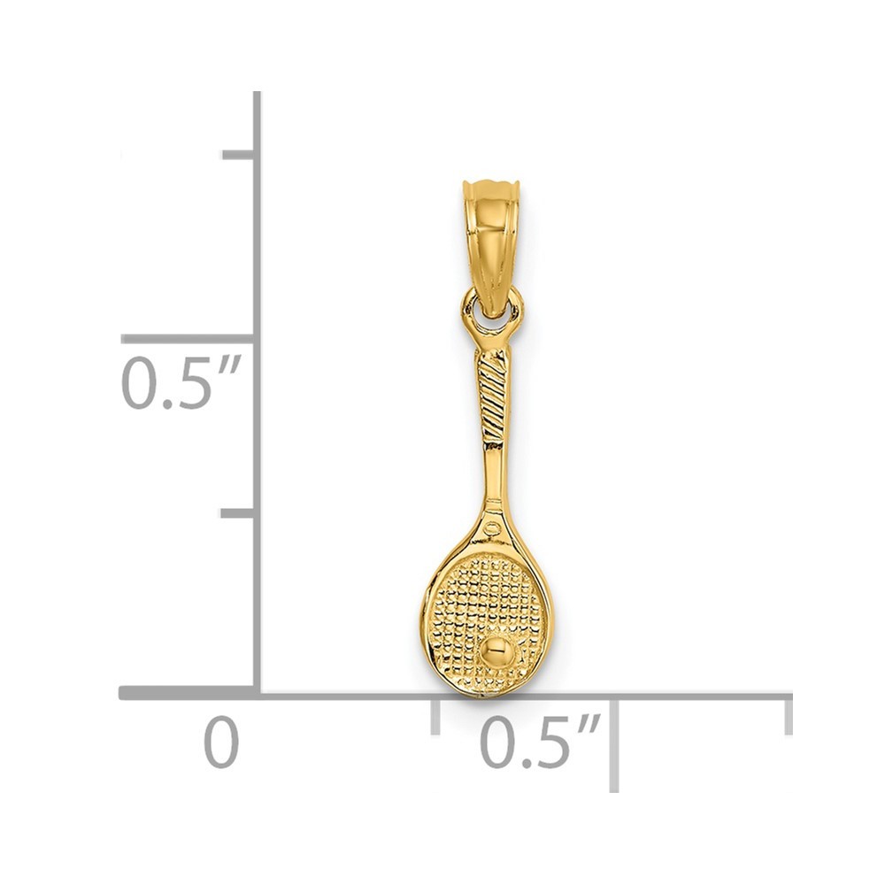 14K Yellow Gold Solid Polished 3-D Tennis Racquet Charm Pendant L-13.4mm,W-5.1mm