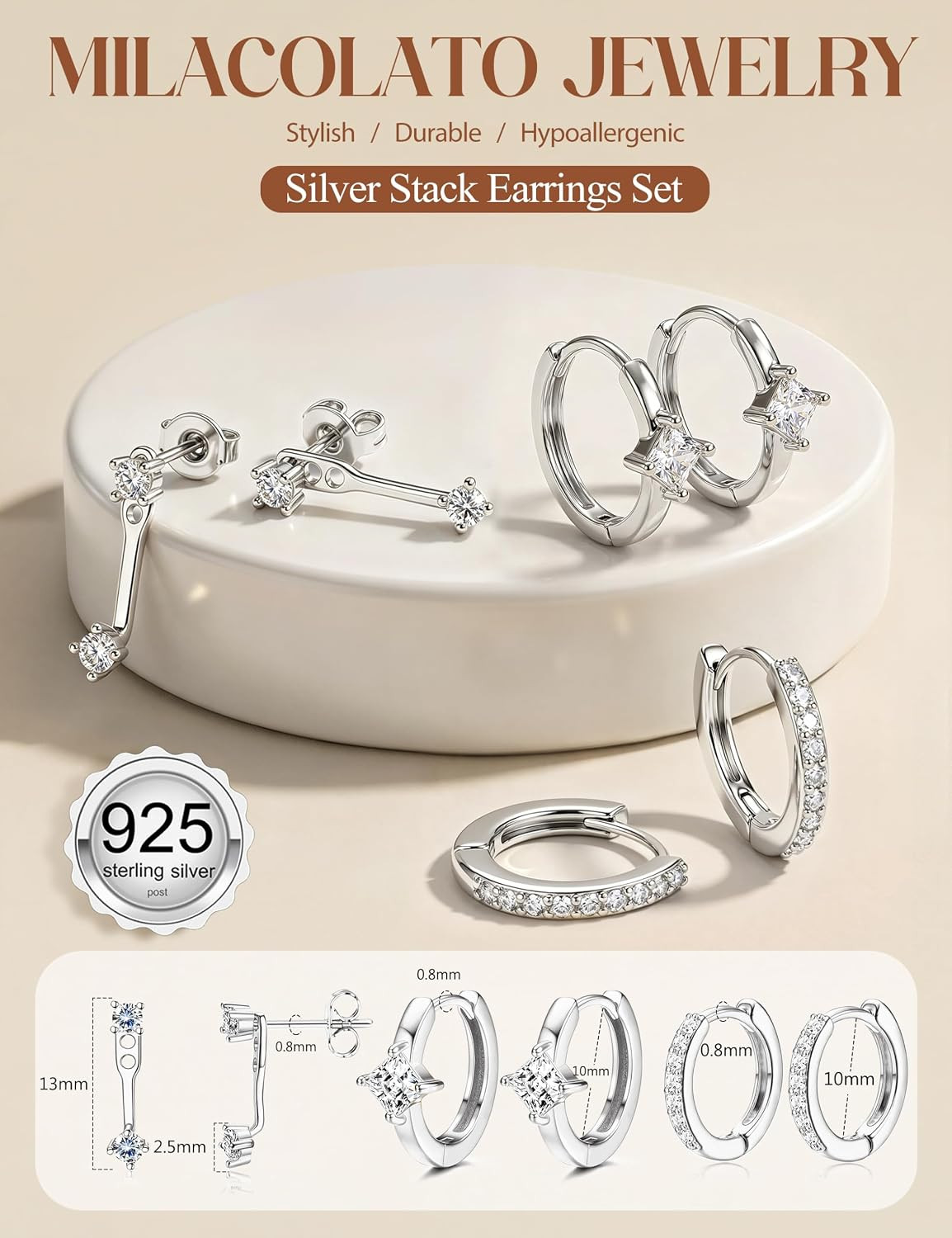 3 Pairs 925 Sterling Silver Earrings for Women, 14K Gold Plated Small Huggie Hoo