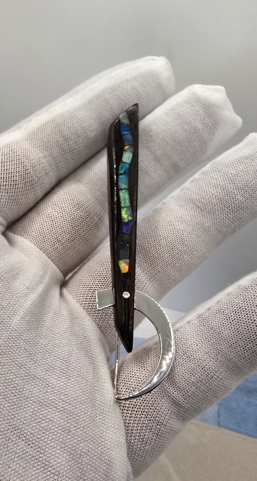 One of a Kind Hand Carved Ebony Earrings with Natural Opal Sterling Silver