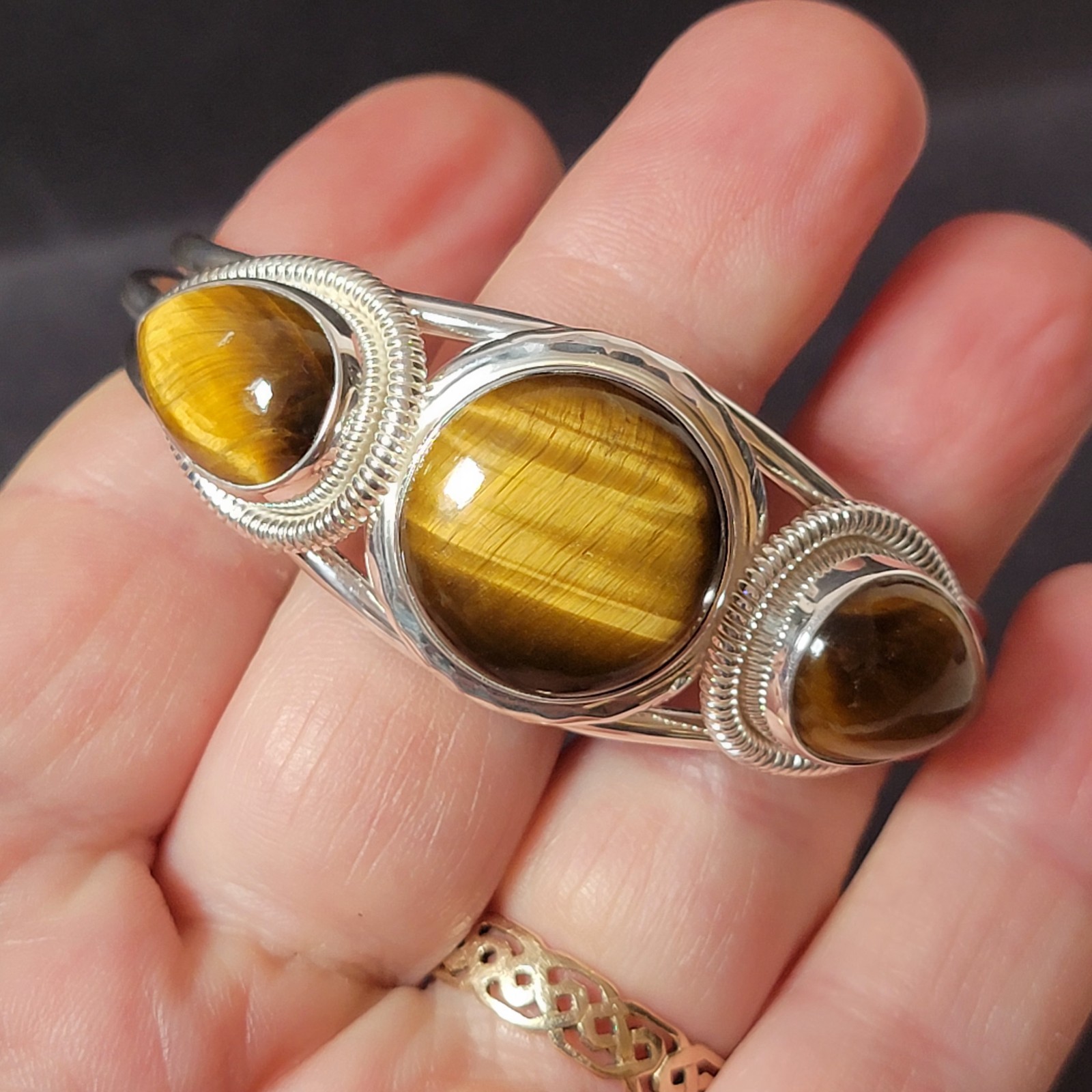 925 Silver Bracelet with 3 Tigers Eye Stones marked India 925 Nice Excellent Con