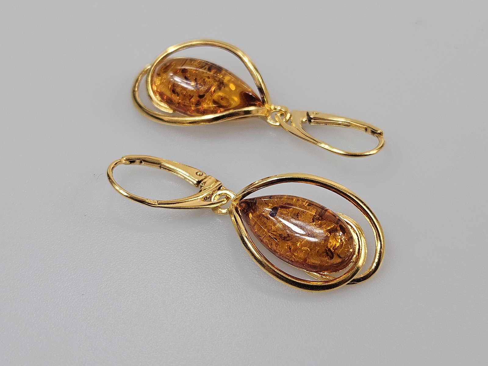 Amber earrings and pendant gold plated jewelry handmade real drop shape.