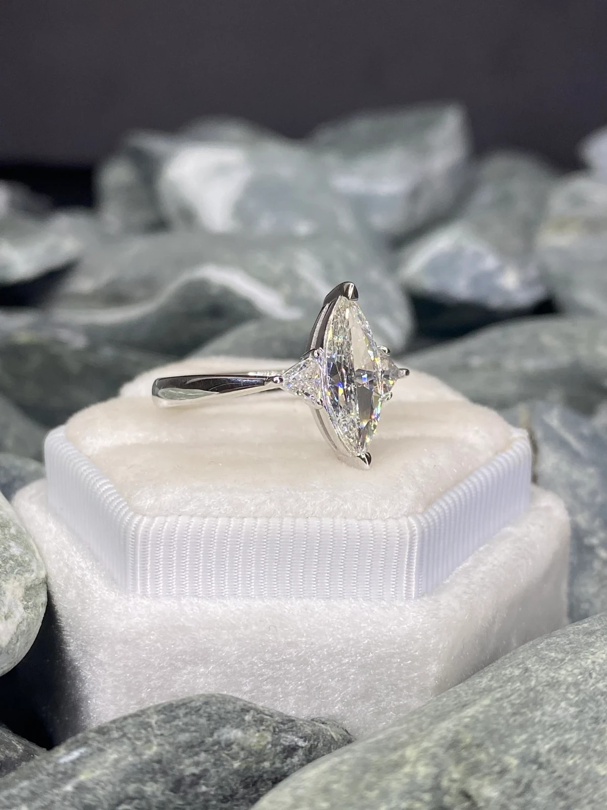 2 CT Marquise Cut Moissanite Three Stone Engagement Ring 14K White Gold Plated