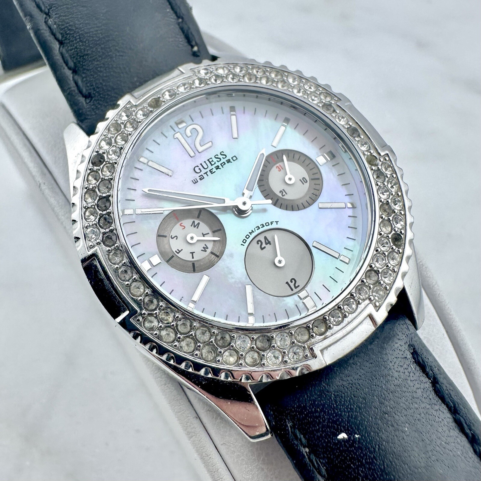 Guess Waterpro G95354L Multi Dial Mother Of Pearl Watch Leather Band New Battery