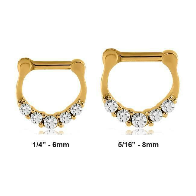Gold 316L Surgical Steel Septum Clicker Nose Ring Hoop CZ 1/4″ 5/16″ 14G 16G
