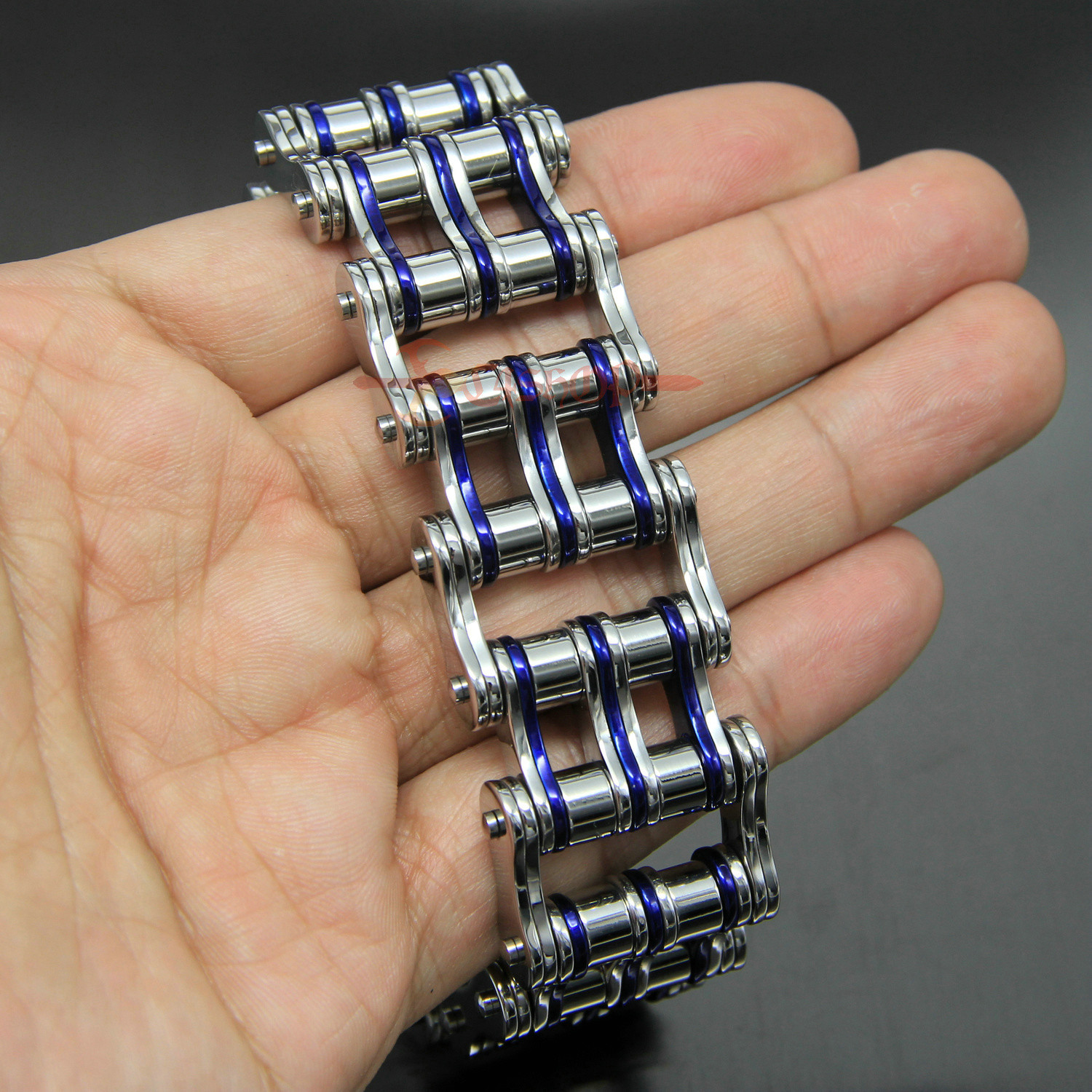 Men’s Heavy Stainless Steel Motorcycle Bike Chain Bracelet Silver/Blue 27mm Wide