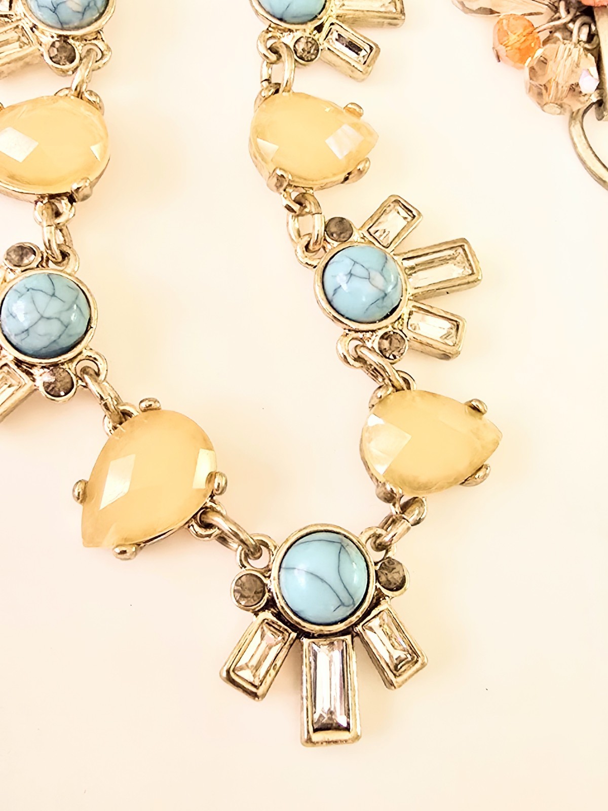 2 LOFT Signed Gold Tone Necklaces 34in Yellow Flower Cluster 18in Blue/yellow